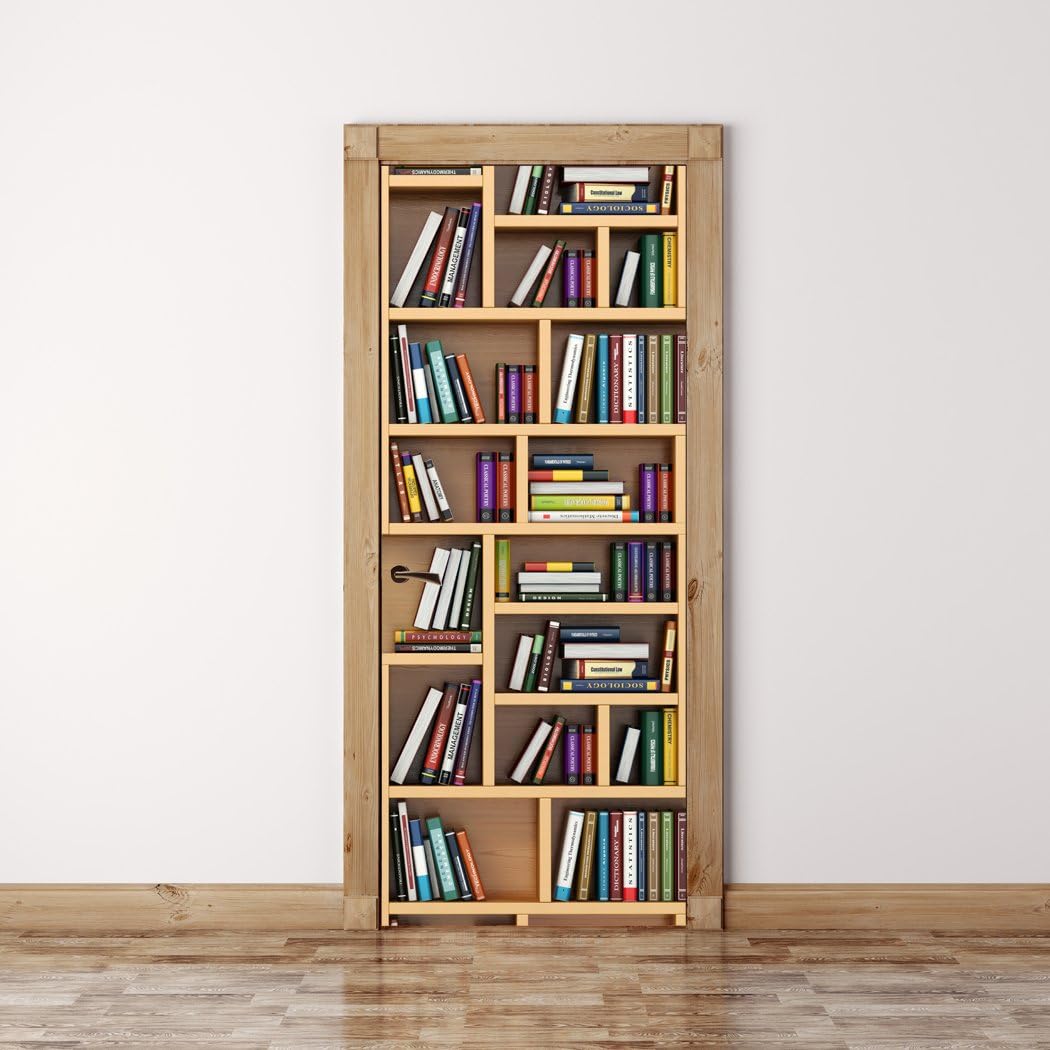 Door Mural Books on The Bookshelf - Peel & Stick Repositionable Fabric Door Sticker