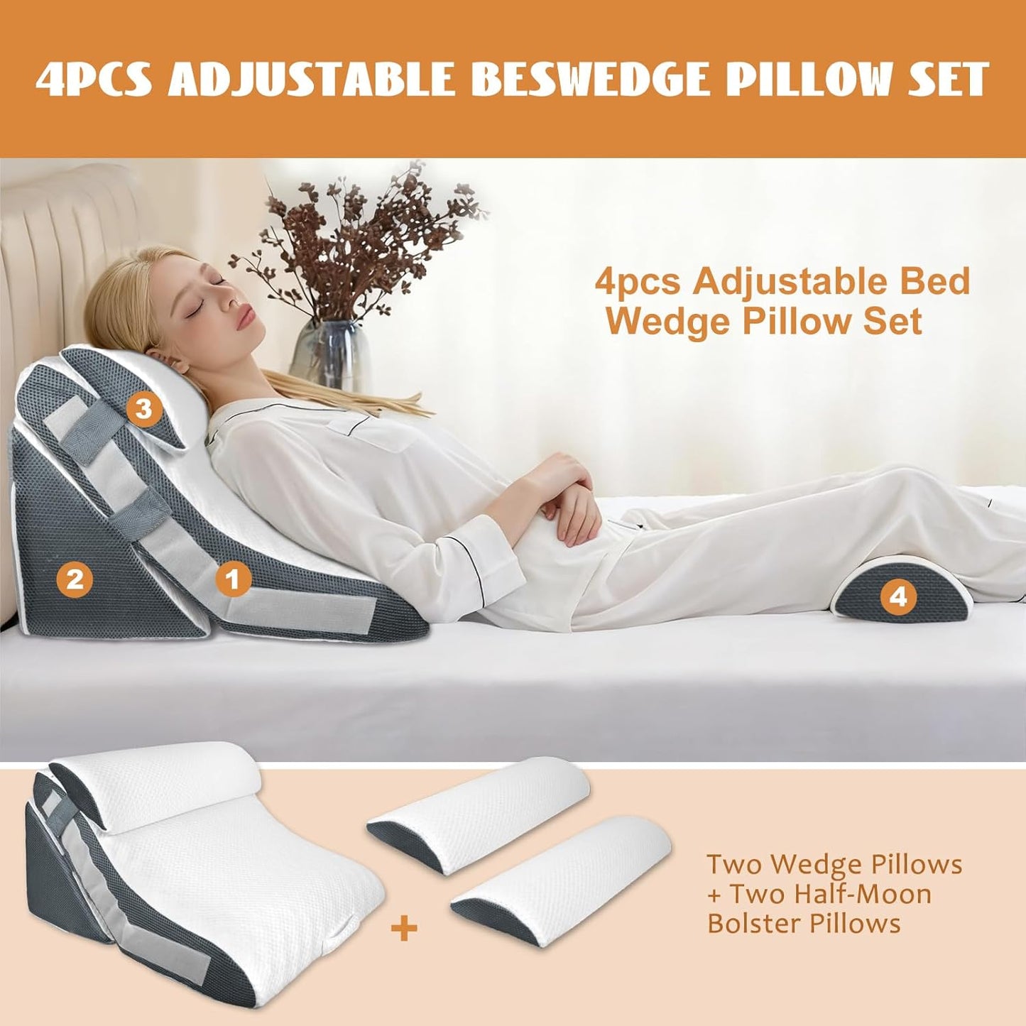 4PCS Orthopedic Bed Wedge Pillow Set, Adjustable Curve Memory Foam Wedge Pillow, Pillow Wedges for Post Surgery, Back Pain Relief, Triangle Pillows for Acid Reflux, Snoring, GERD, White/Grey