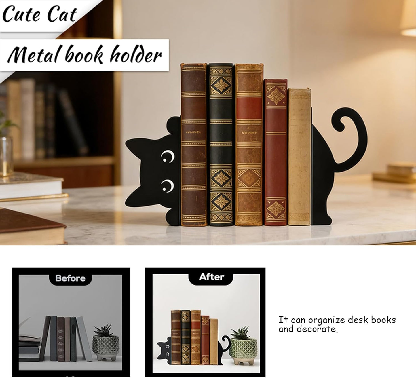 Peeping Cat Black Metal Bookends，Book Ends for Shelves Decorative，Cute Book Stopper for Office Home Desk Bookshelf Decor，cat Decor for cat Lovers