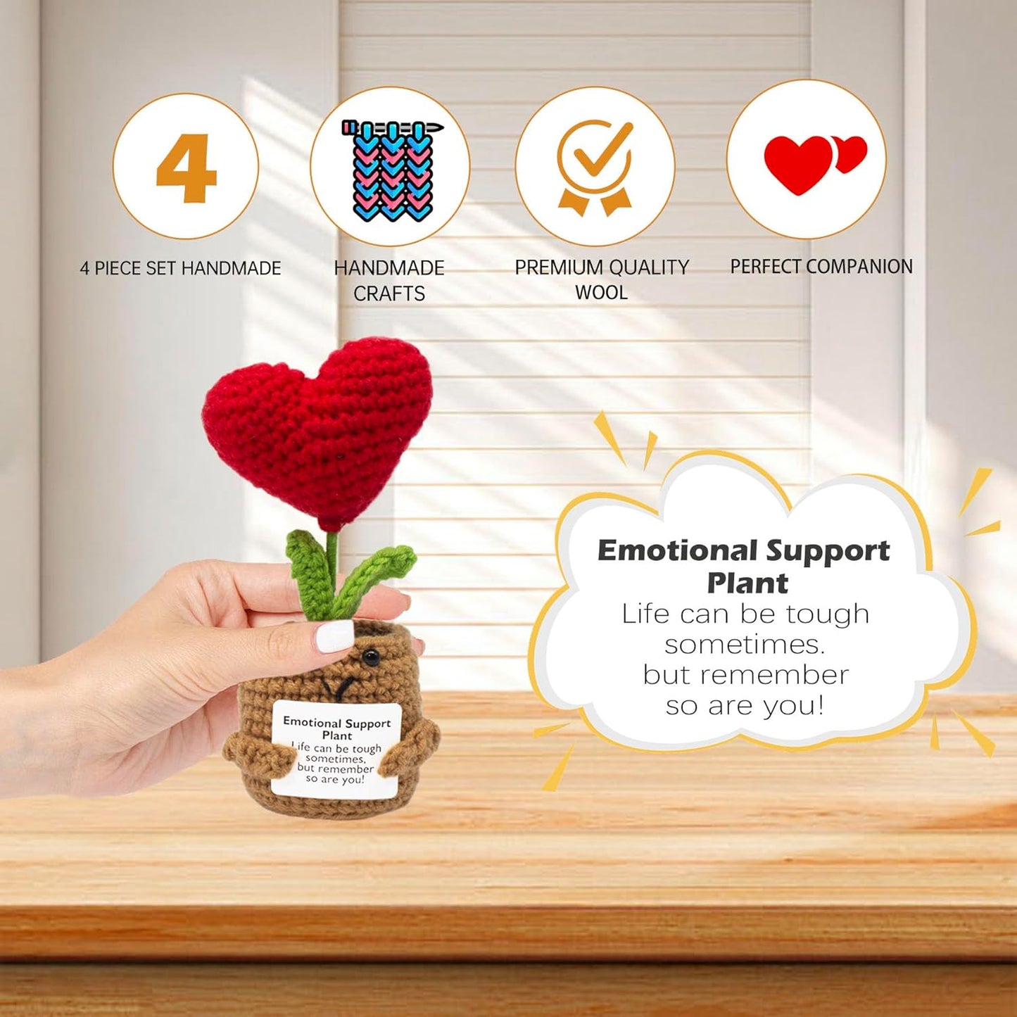 Crochet Positive Plant Set Handmade Knitted Cactus Toy Cute Funny Emotional Positive Life Doll Gifts with Encouraging Card for Coworker Friends Room Decor 4PCS