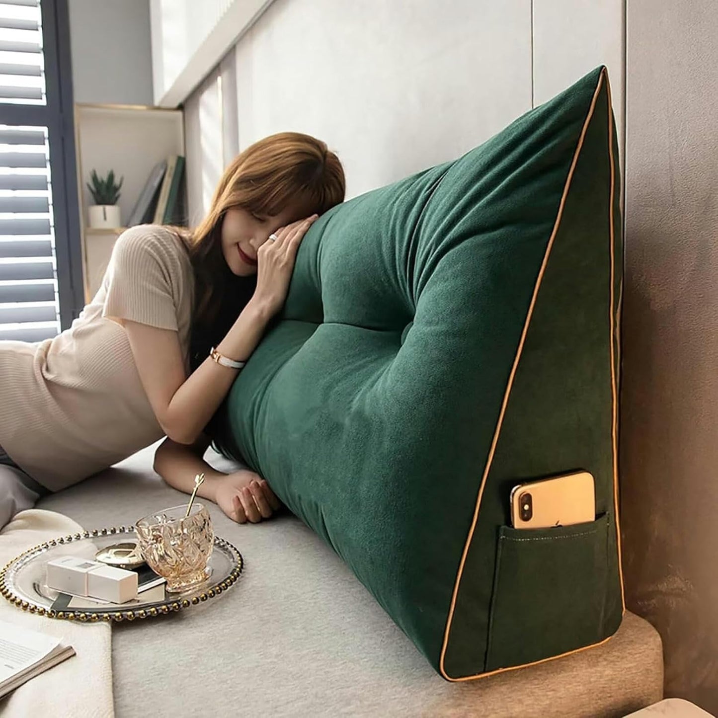 Large Triangular Headboard Pillow Backrest Positioning Support Bed Bolster Rest Reading Pillow with Removable Cover Soft Headboard Cushion Backrest Pillow for Sitting in Bed
