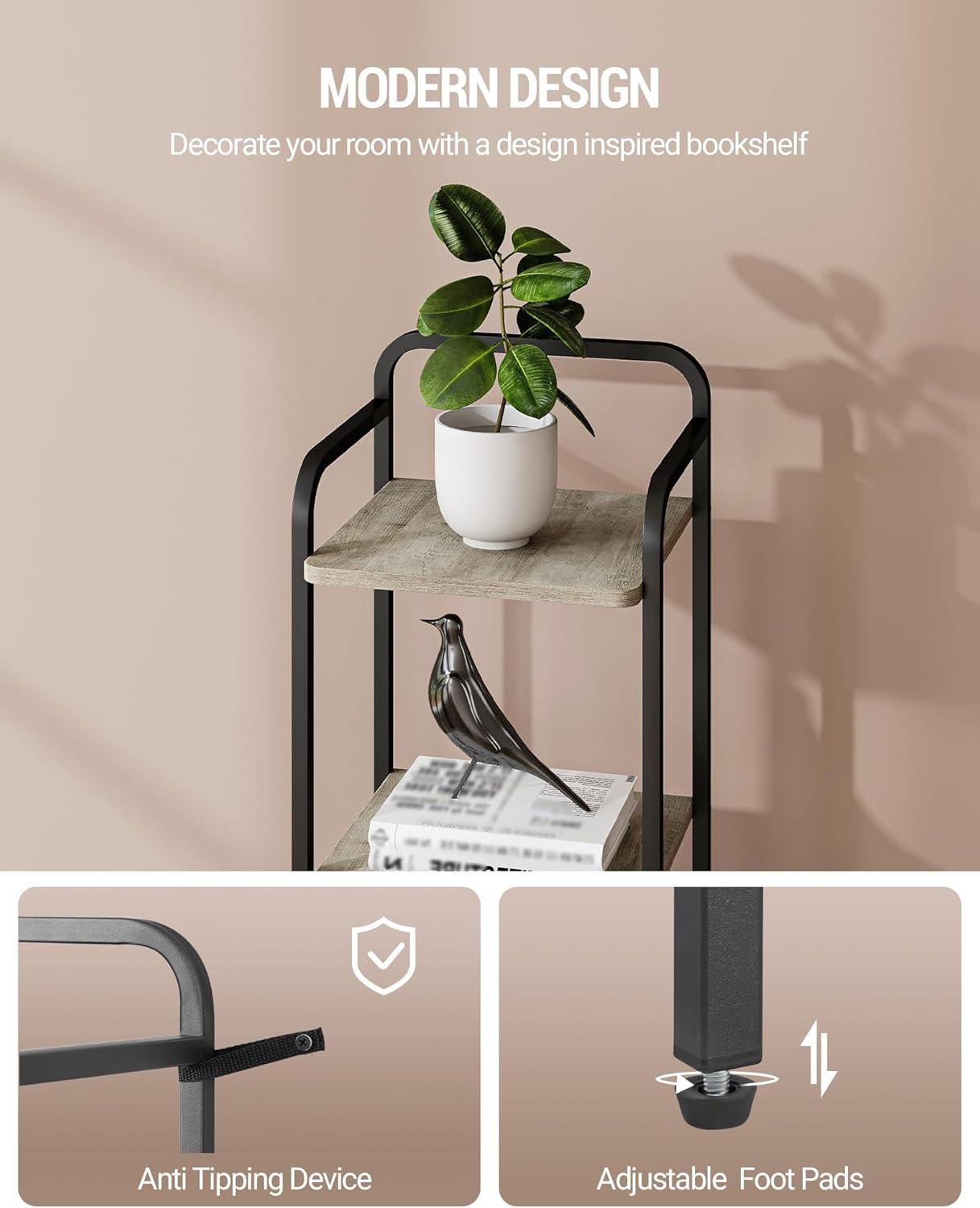 Bookcase Bookshelf, Narrow Book Shelf, Industrial Corner Shelf Storage Organizer, Slim Shelving Unit for Home Office, Living Room, Bedroom, Kitchen, 5-Tier Greige and Black BC24505B