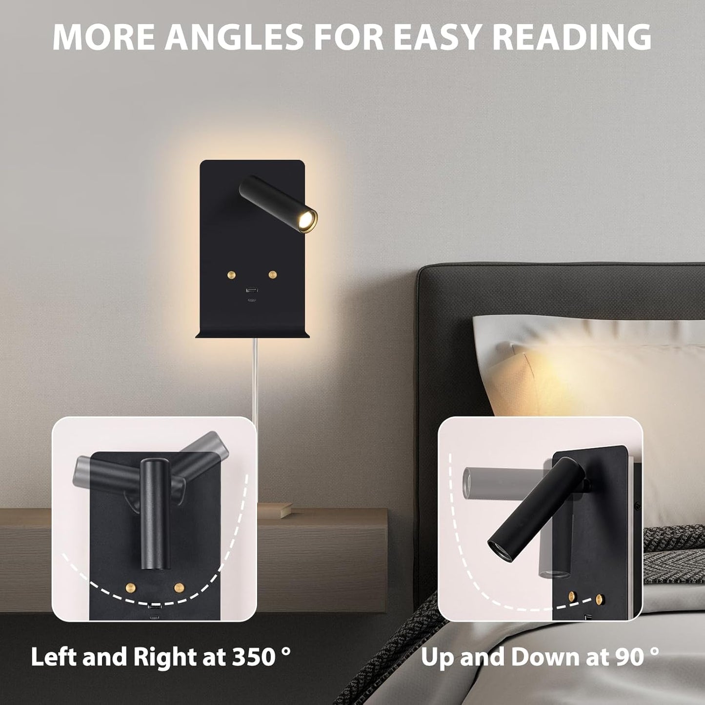 ZEROUNO LED Dimmable Wall Mounted Reading Light, Backlight Night Wall Lamp, Adjustable Headboard Plug in Wall Sconce with USB C+A Ports, LED Reading Light for Bedroom Bedside Lamps