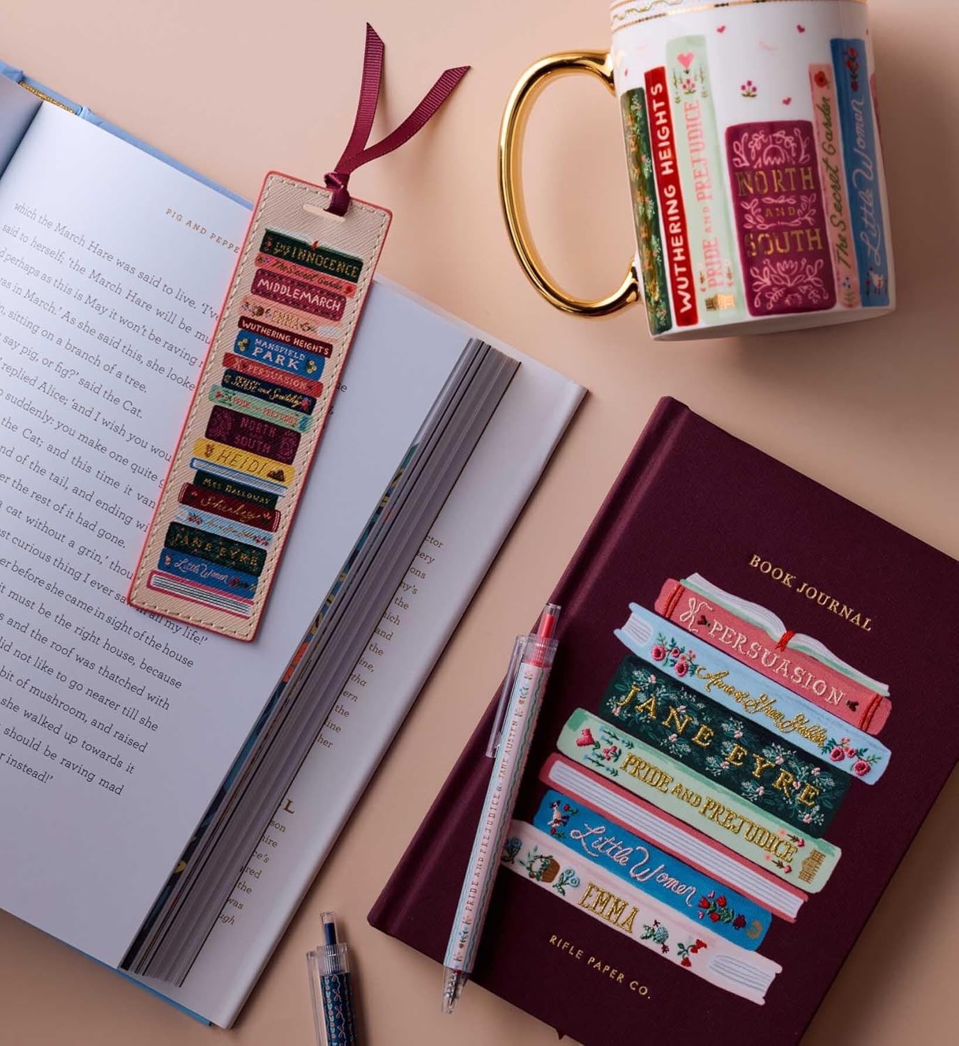 RIFLE PAPER CO. Ladies Night Book Club Bookmark, 1.75" W x 6" L, Illustrated Stack of Classic Titles, Saffiano Polyurethane, Grosgrain Ribbon, Wipe-Clean