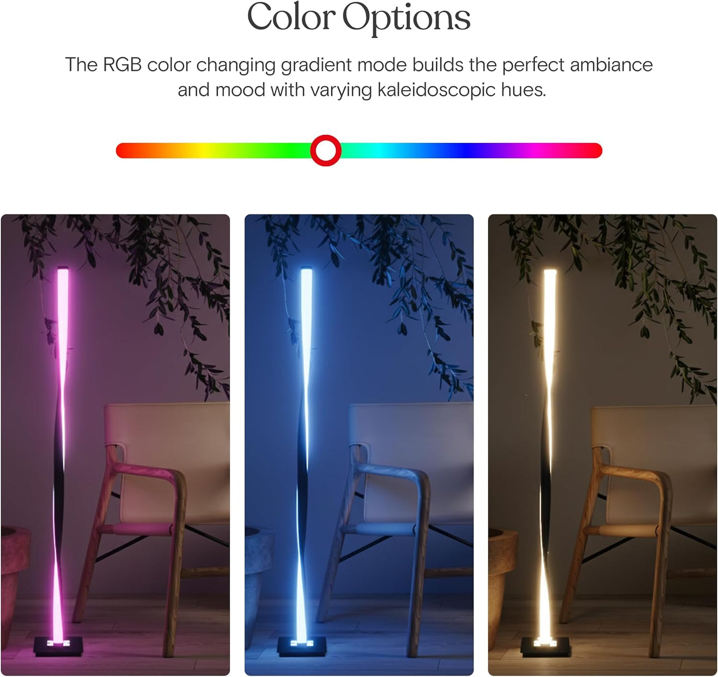 Brightech Helix Modern Color Changing LED Floor Lamp - 48” Tall Lamp with RGB Color Gradient and Contemporary Twisting Column Pole - Corner or End Table Standing Lamp - Built-in NO APP - Black
