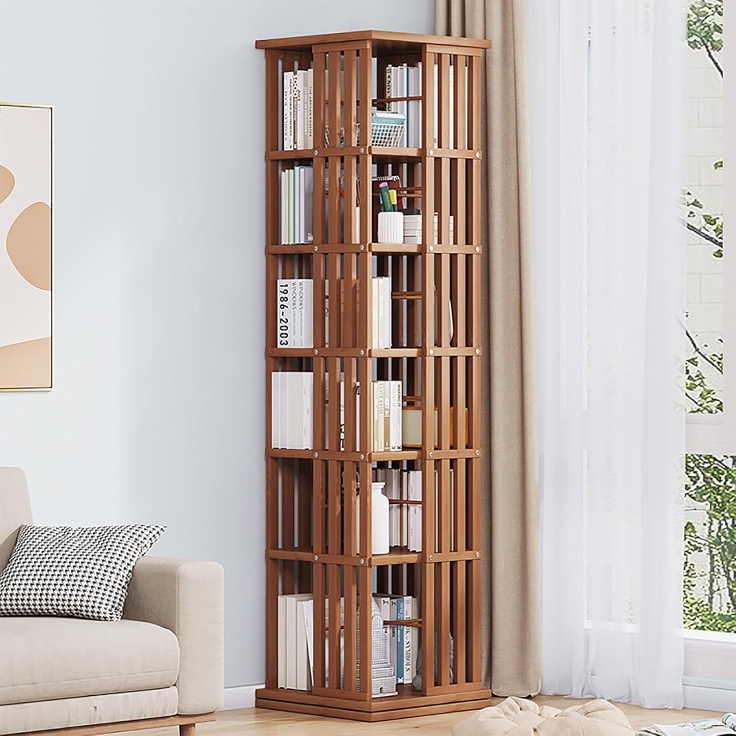 Bamboo Rotating Bookshelf Tower 360° Rotating Bookshelf For Space Saving 5/6 Tier Kids Bookshelf Small Corner Bookshelf Floor Standing Bookcase Storage Rack For Bedroom Living Room Kids Rooms(Brown,37