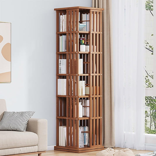 Bamboo Rotating Bookshelf Tower 360° Rotating Bookshelf For Space Saving 5/6 Tier Kids Bookshelf Small Corner Bookshelf Floor Standing Bookcase Storage Rack For Bedroom Living Room Kids Rooms(Brown,37