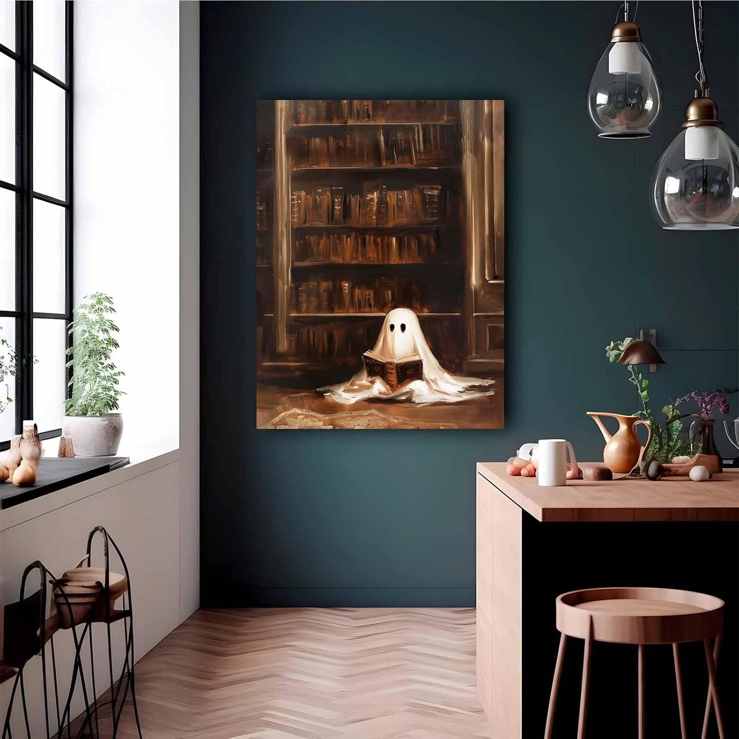 HUYKON Vintage Library Ghost Reading Poster Retro Spooky Bookish Halloween Wall Art Dark Academia Gothic Canvas Oil Painting Wall Decor Aesthetic for Bedroom Living Room Office 8x12inch Unframed