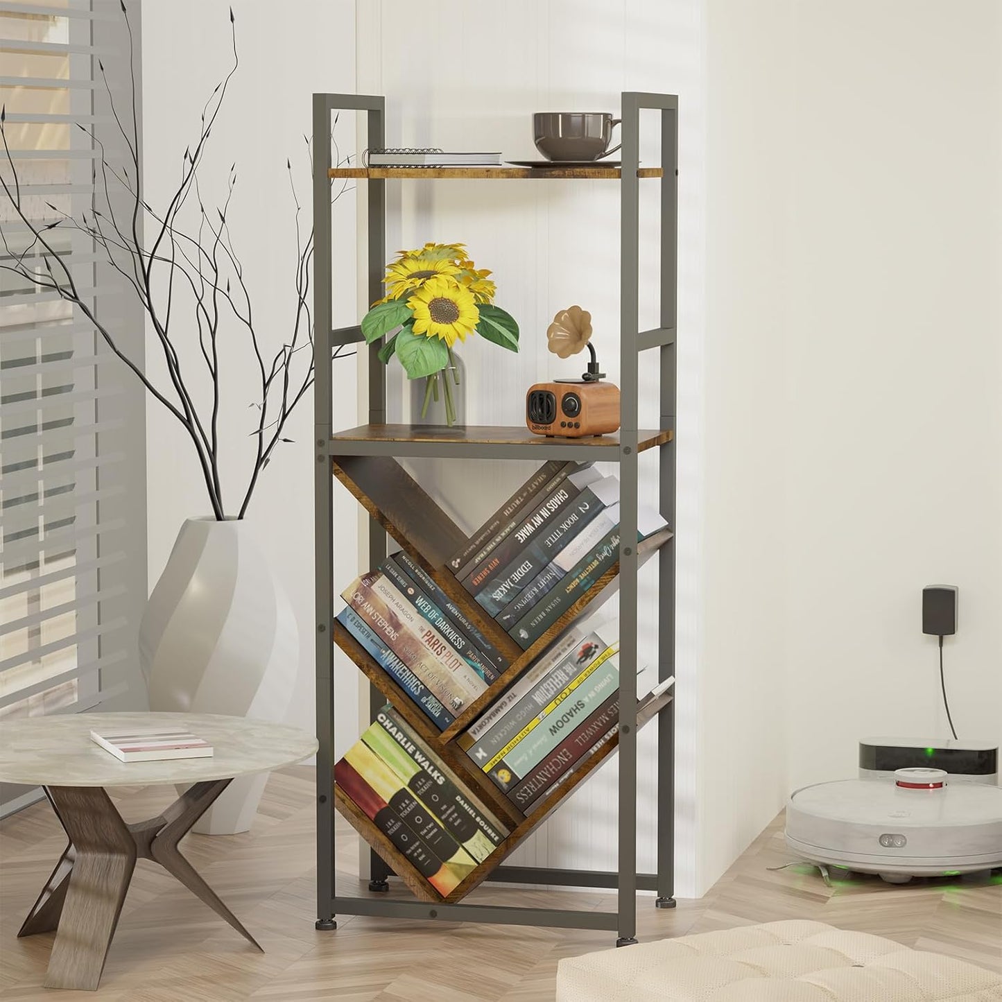 6-Tier Tree Bookshelf for Corner & Small Spaces, Modern Rustic Metal Bookcase Storage Organizer for Books, CDs, Movies – Industrial Floor Standing Bookshelves for Bedroom, Living Room, Home Office