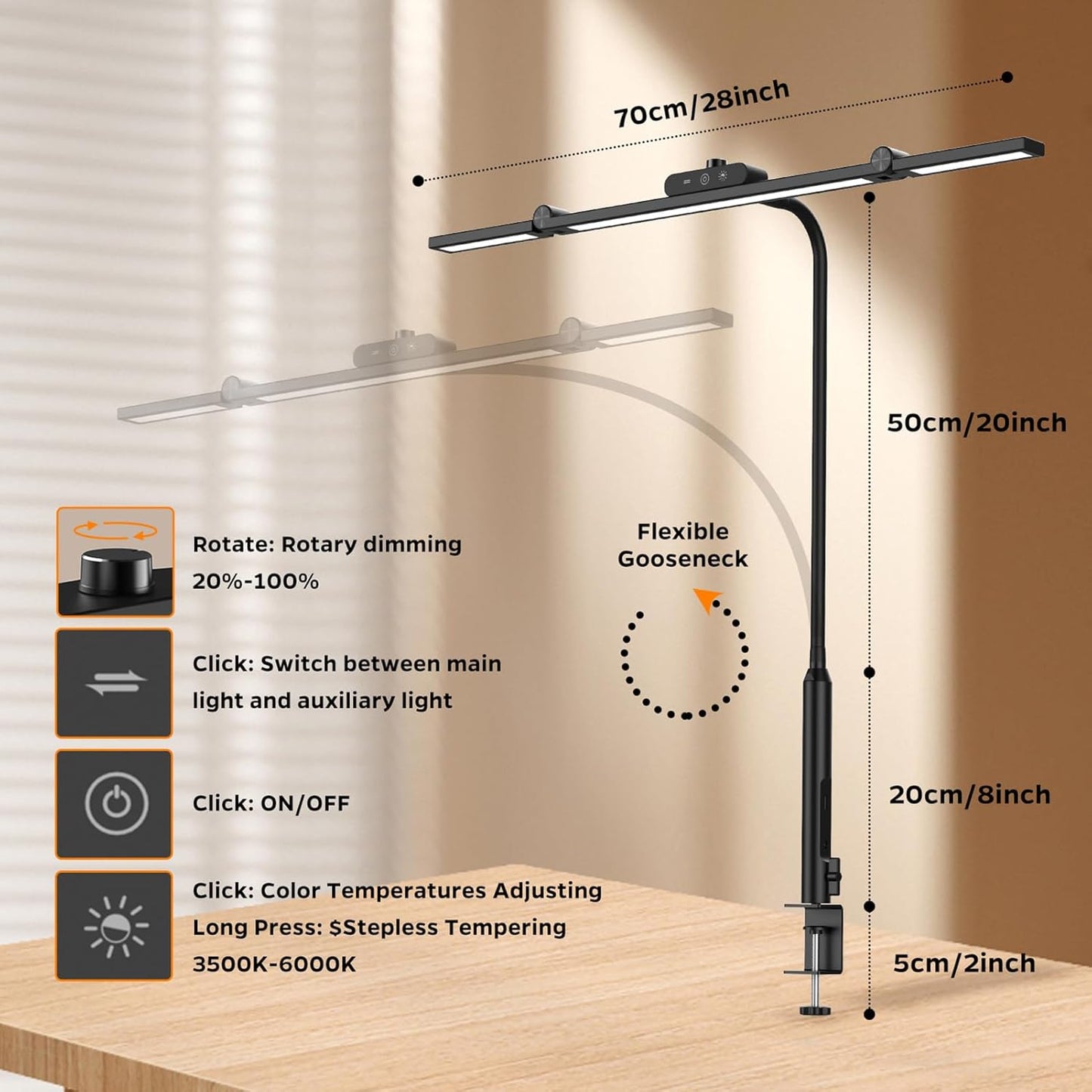 Led Desk Lamp for Office Home, Architect Desk Lamp with Clamp, Ultra Bright Dimmable Table Light, Stepless Dimming and Tempering Desk Light for Workbench Drafting Reading Study (Black)