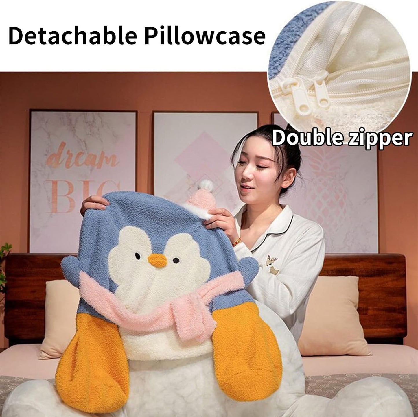 Reading Pillow for Bed,Backrest Pillow for Sitting in Bed,Back Support Cushion,Penguin Reading Pillow for Sofa (Gray, L: 31 * 17inches)