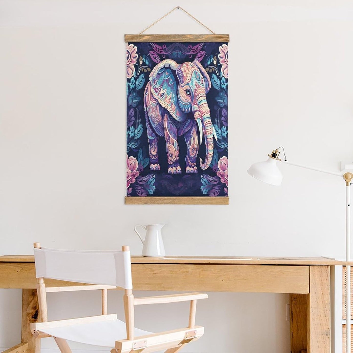 Vintage Purple Elephant Poster with Wooden Frame Personalized Linen Hanging Scroll Painting Rustic Wall Hanging Illustrative Modern Artwork Decor for Home Living Room Bedroom Office