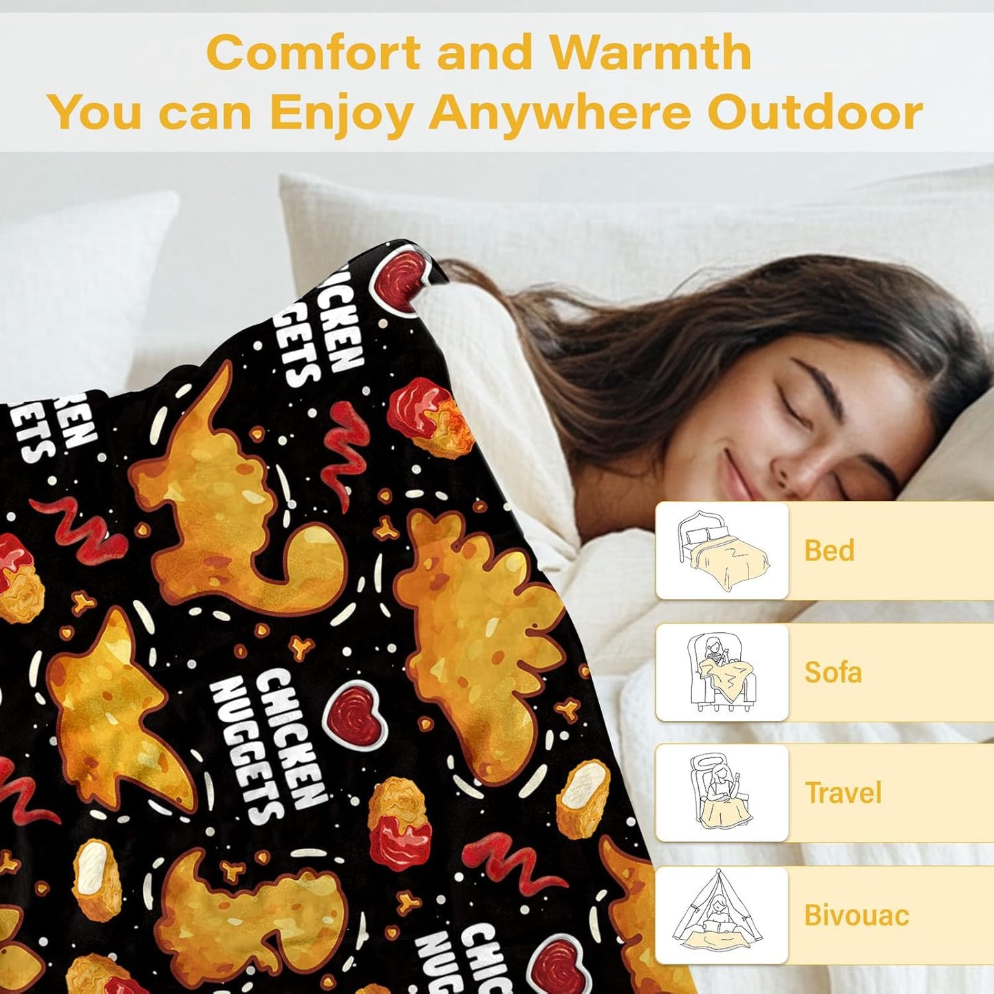 Chicken Nuggets Blanket, Funny Food Blanket for Friend Adults, Cozy Chicken Nugget Themed Gift, for Girls, and Food Lovers, Soft Flannel Blanket for Holiday 50x60in