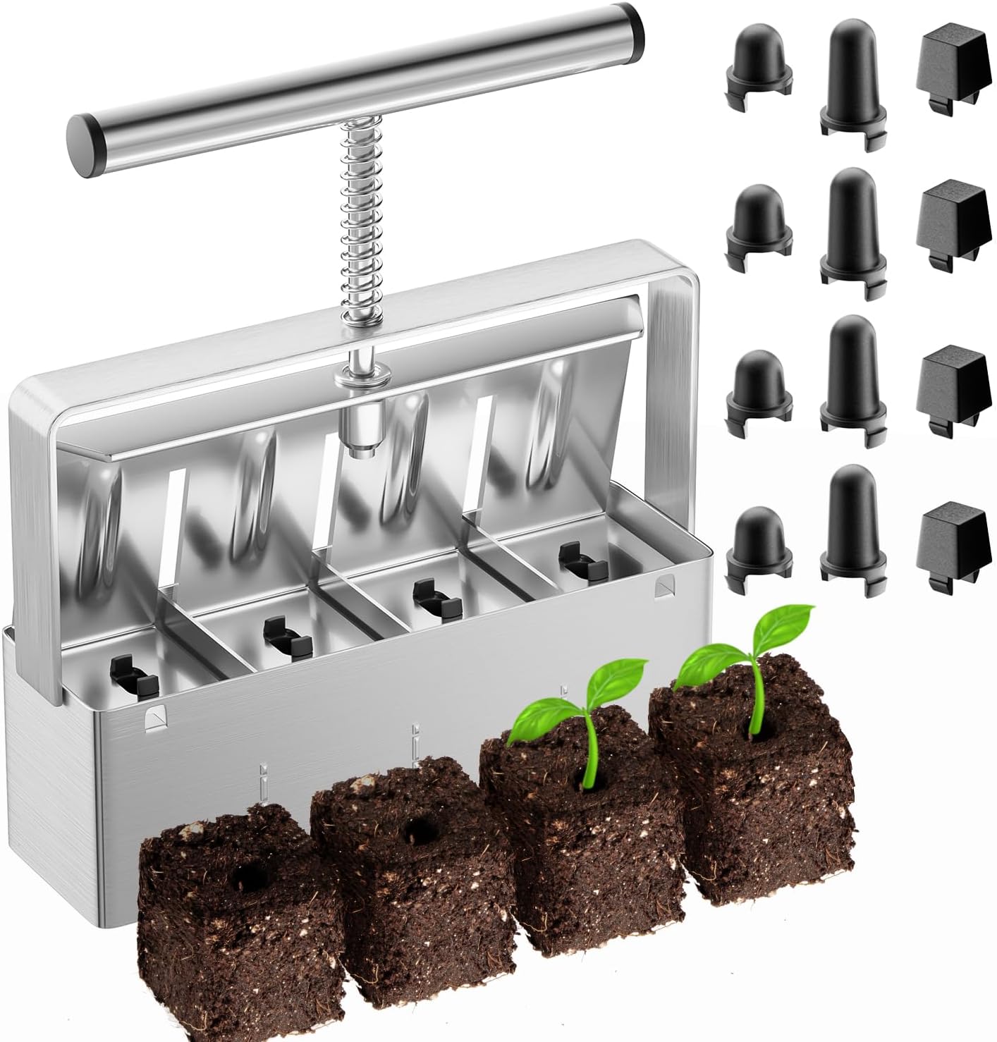 Soil Blocker, 2 Inch Soil Block Maker with 3 Sizes Seed Pins & Comfortable Handle 4 Cell Handlheld Soil Blocking Tool for Seed Starting, Grow Seedling, Outdoor Plants, Greenhouses, Garden