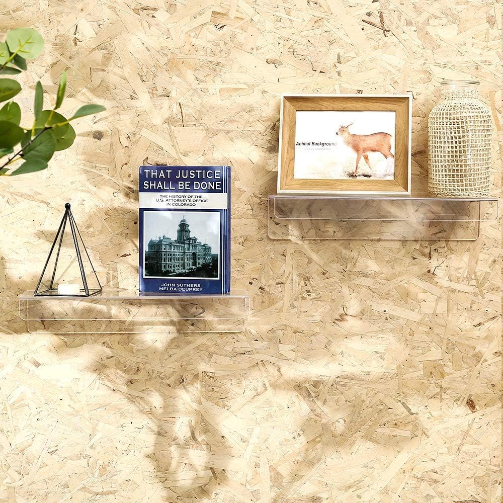 4 Pack Clear Acrylic Shelves for Wall with Adhesive,15 Inch No Drill Floating Shelves for Bathroom,Bedroom,Renter Friendly,Kids Room Bookshelf,Wall Display Shelf for Lego,Funko Pop,Figurine,Perfume