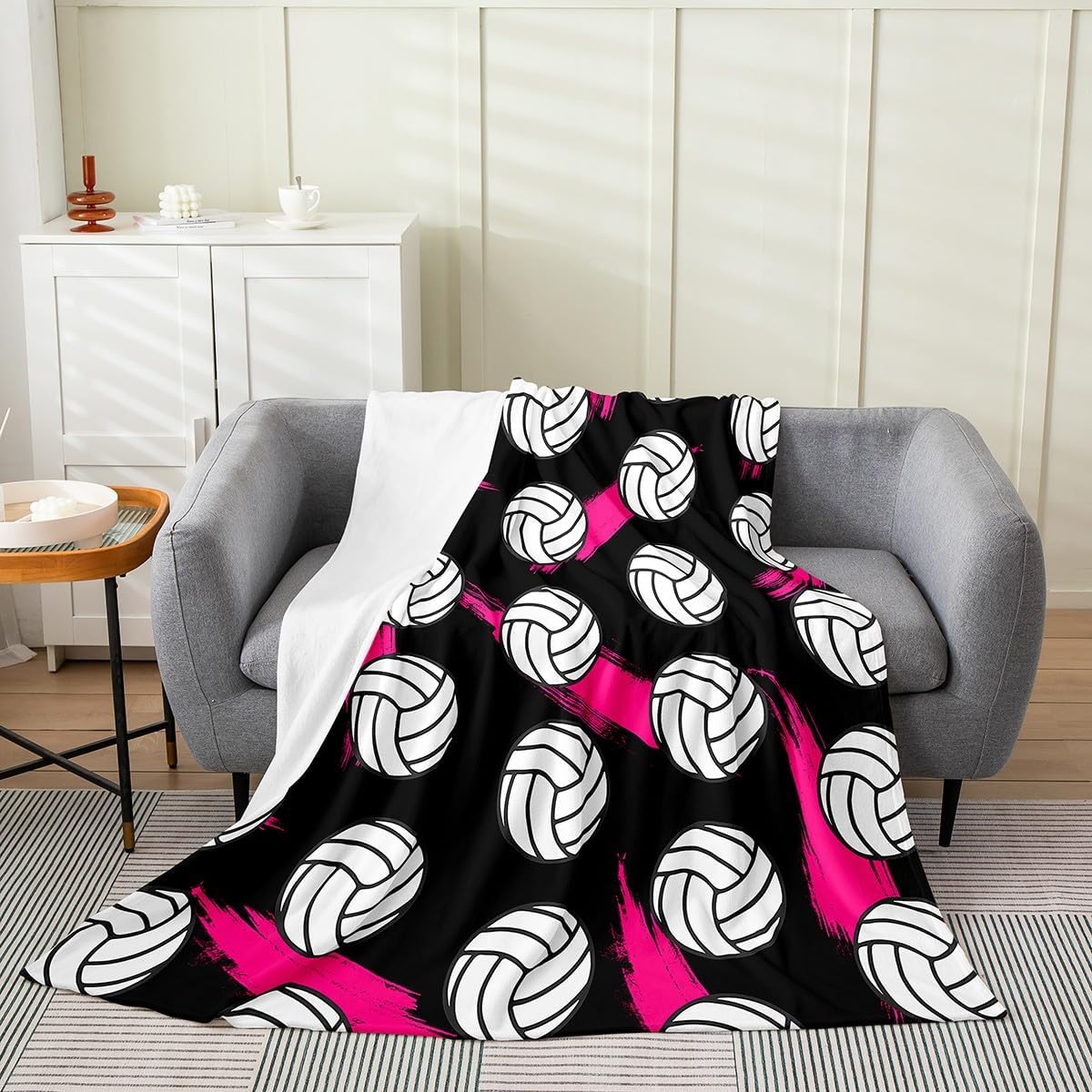 Feelyou Volleyball Flannel Fleece Throw Blanket Throw 50"x60" Volleyball Games Fuzzy Blanket Black White Pink Simple Modern Geometric Ball Pattern Plush Blanket Sports Theme All Season Bed Blanket