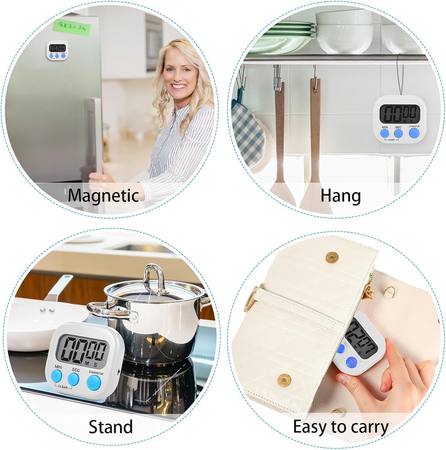 Weewooday 12 Pcs Digital Kitchen Magnetic Timer Bulk Classroom Count up Countdown Timer Large Digits Egg Loud Alarm Cute Desk Stopwatch for Teacher Kids Cooking Office(White,Stylish Style)