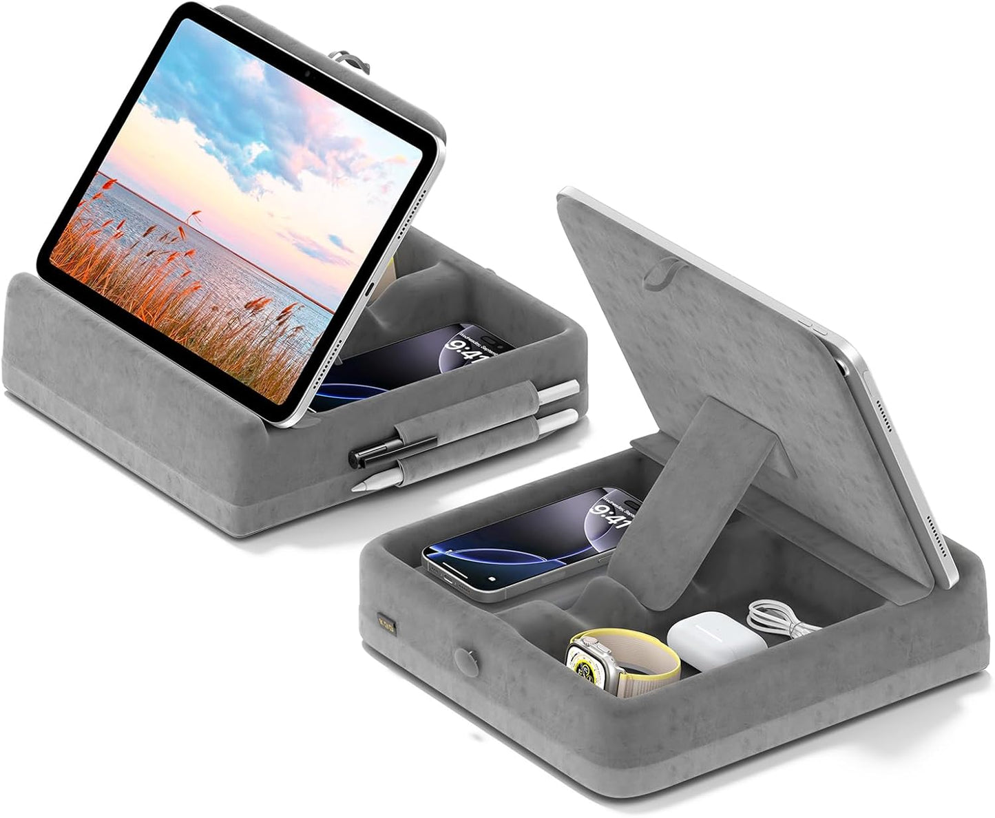 KDD Tablet Pillow Stand with Storage, Foldable iPad Holder for Bed, Lap and Desk, Angle Adjustable Soft Pad Dock with Stylus Mount Compatible with Ipad Pro 12.9, 10.5, 11, Air, Mini, Phones, Books
