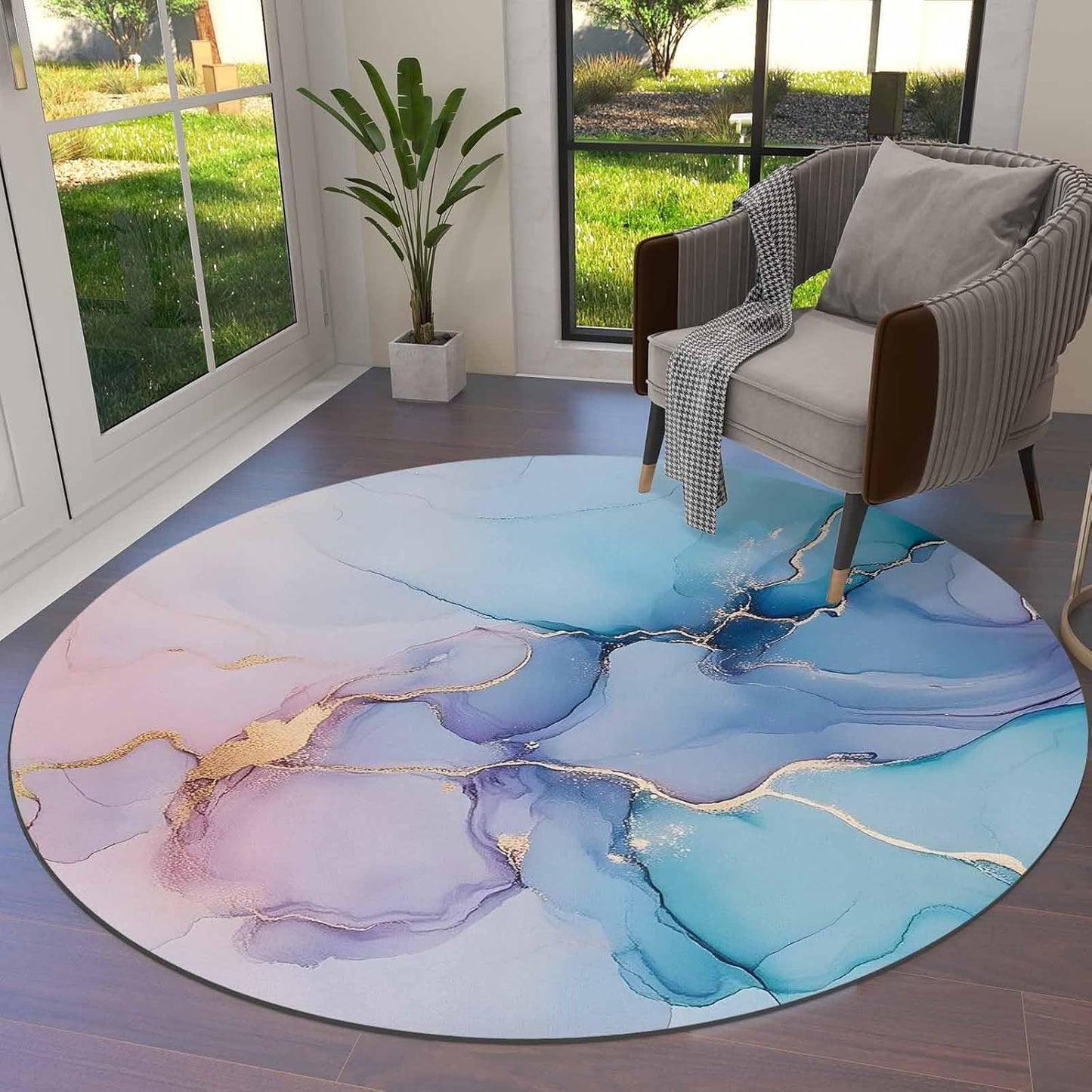 Marble Texture Round Rug 3ft Pink Turquoise Abstract Art Throw Soft Area Rug Low Pile Non Slip Rug Carpet Washable Floor Mat for Living Room, Bedroom, Farmhouse, Office
