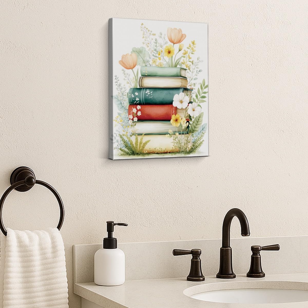 YJIKRTVT Floral and Book Canvas Wall Art, Aesthetic Reading Nook Decor, Botanical Flowers Watercolor Canvas Printing Artwork, Painting Artwork Wall Decor for Living Room Bedroom 8x10 Inches