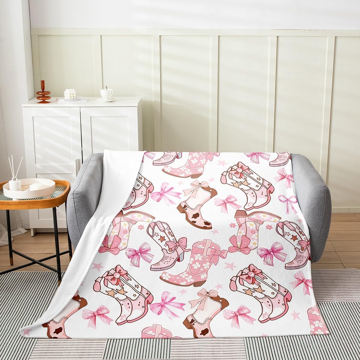 Feelyou Cowgirl All Season,Bed Blanket Set Pink Bowknots Plush Throw Blanket, for Sofa Couch Kids Western Cowboy Boots Flannel Fleece Blanket Dreamy Princess Bow Bedroom Collection 40"x50"