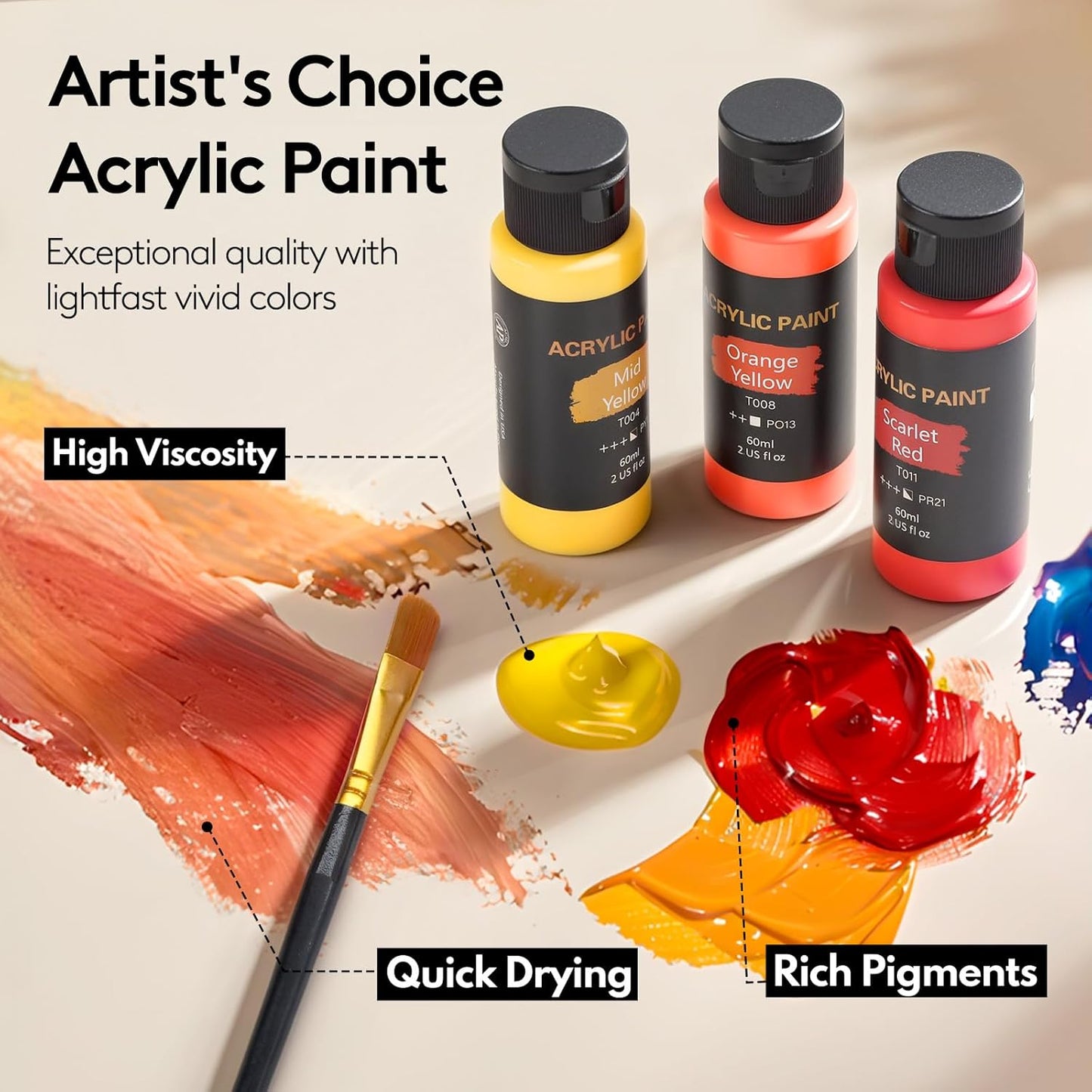 TMOL Acrylic Paint Set, 24 Colors (2 oz/Bottle) with 12 Art Brushes, Art Supplies for Painting Canvas, Wood, Ceramic & Fabric, Rich Pigments Lasting Quality for Beginners, Students & Professional Artist