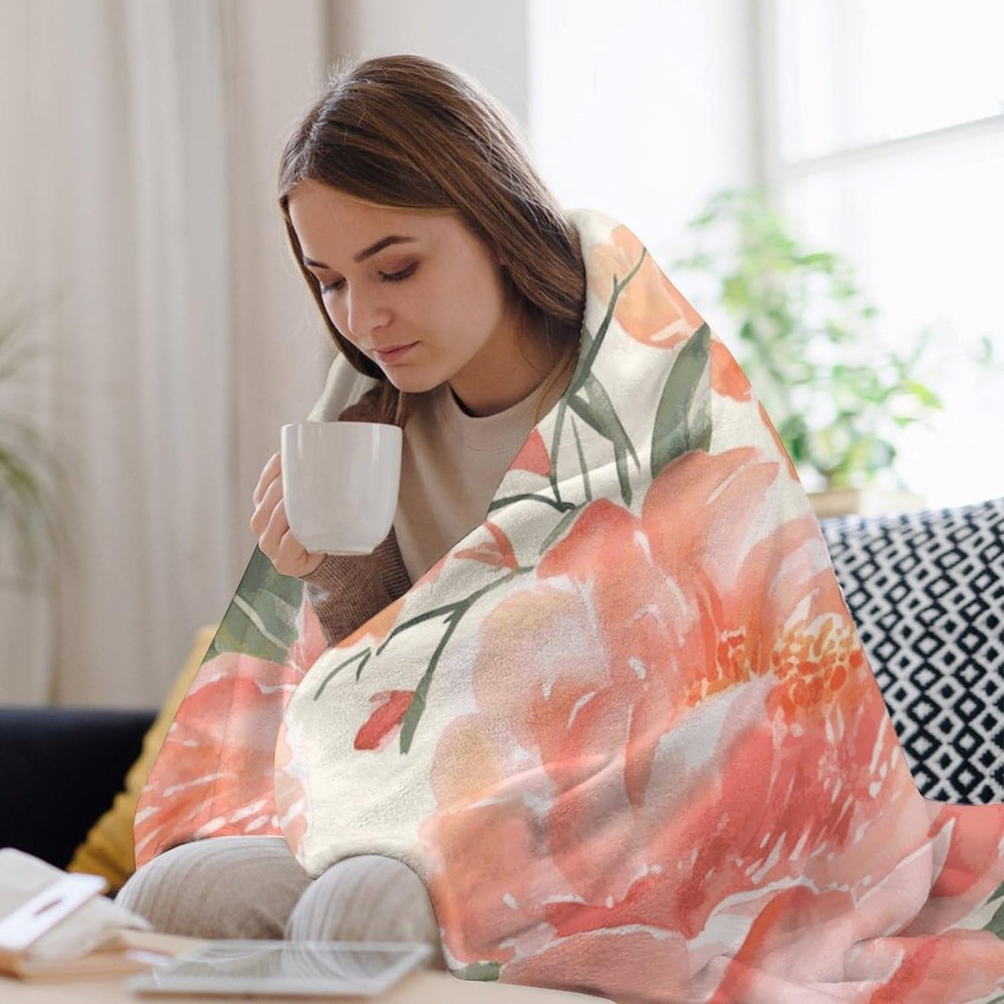 Peach Peony Blanket Super Soft Lightweight Throw Blanket Cute Cozy Warm Bed Blanket Decorative Fuzzy Blanket All-Season Home Decor Gift for Sofa Couch Living Room 40"*50" （100 * 130cm）