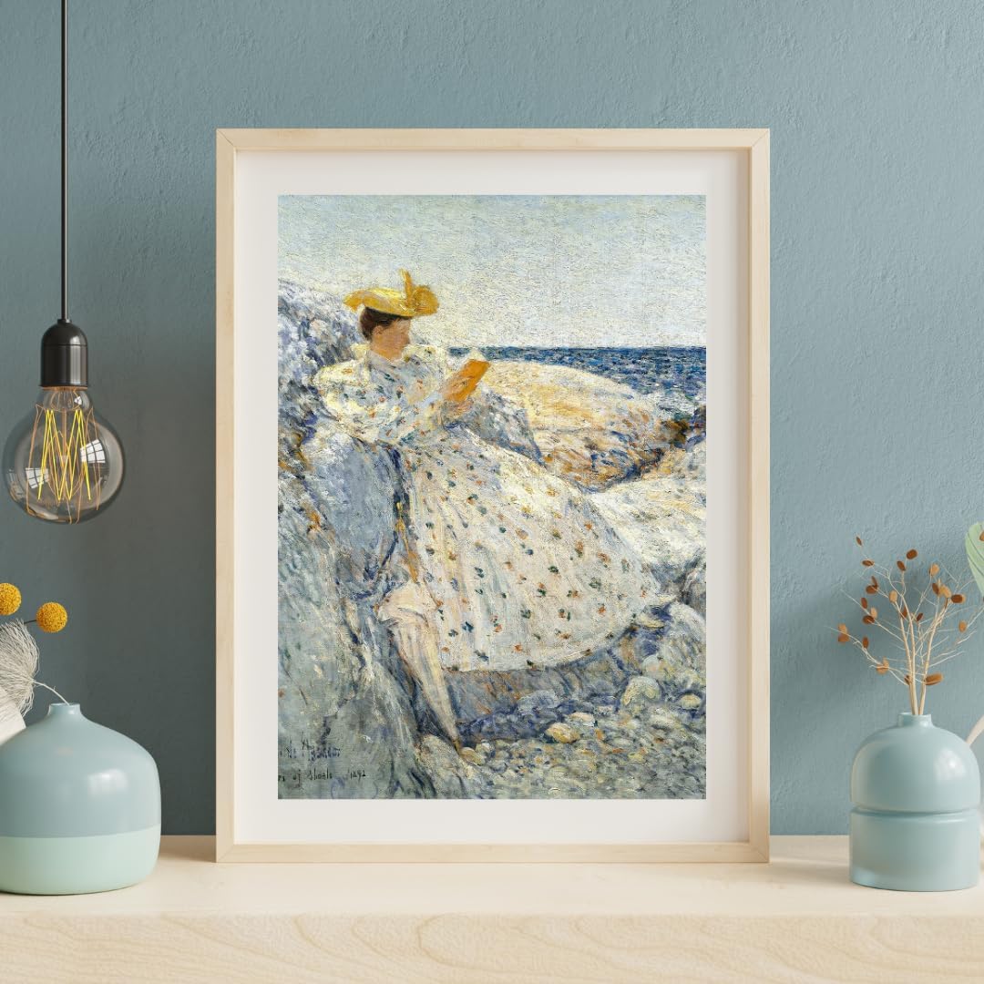 Summer Sunlight Isles of Shoals Woman Reading on Seaside Rocks 1892 Impressionism Painting By Childe Hassam 16"X20" Image Size on CANVAS Fine Art Print Poster Shipped Rolled-up