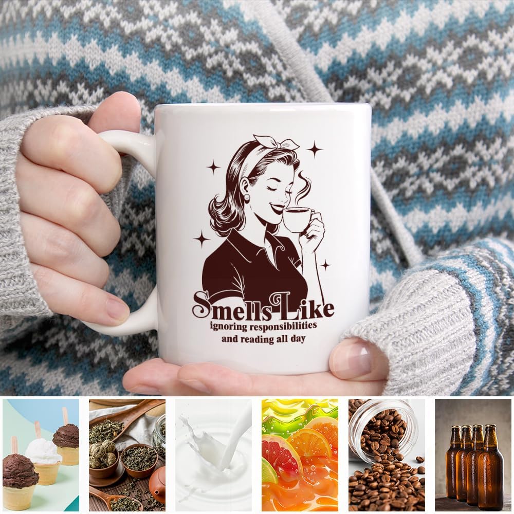Smells Like Ignoring Responsibilities and Reading All Day Ceramic Coffee Mug for Women, Funny 11oz Vintage Book Mug for Book Lovers, Birthday Gifts for Bookish Readers Librarians Bookworms
