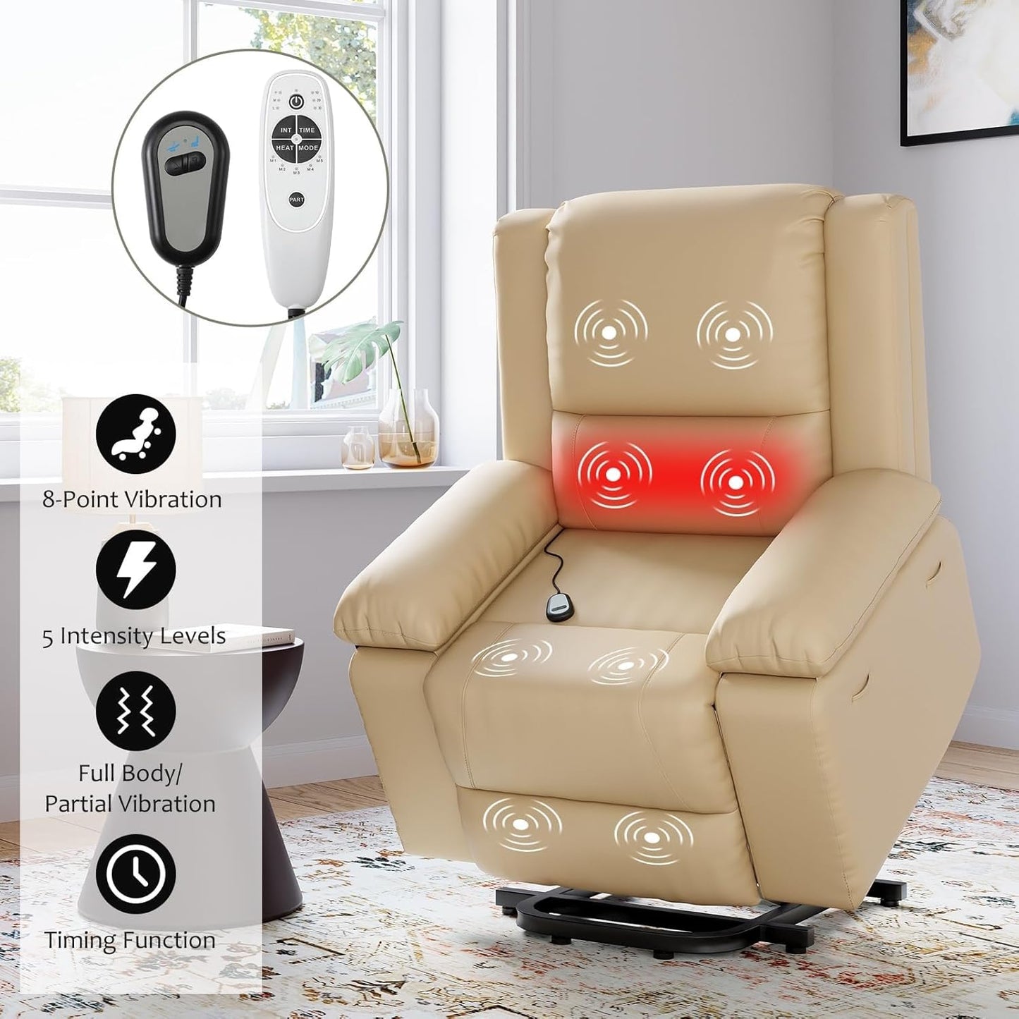 Power Lift Recliner Chair for Adults Adjustable Electric Reclining Sofa Lounge with Massage and Heat PU Leather Reclining Chairs with Side Pocket for Living Room Bedroom(Brown)
