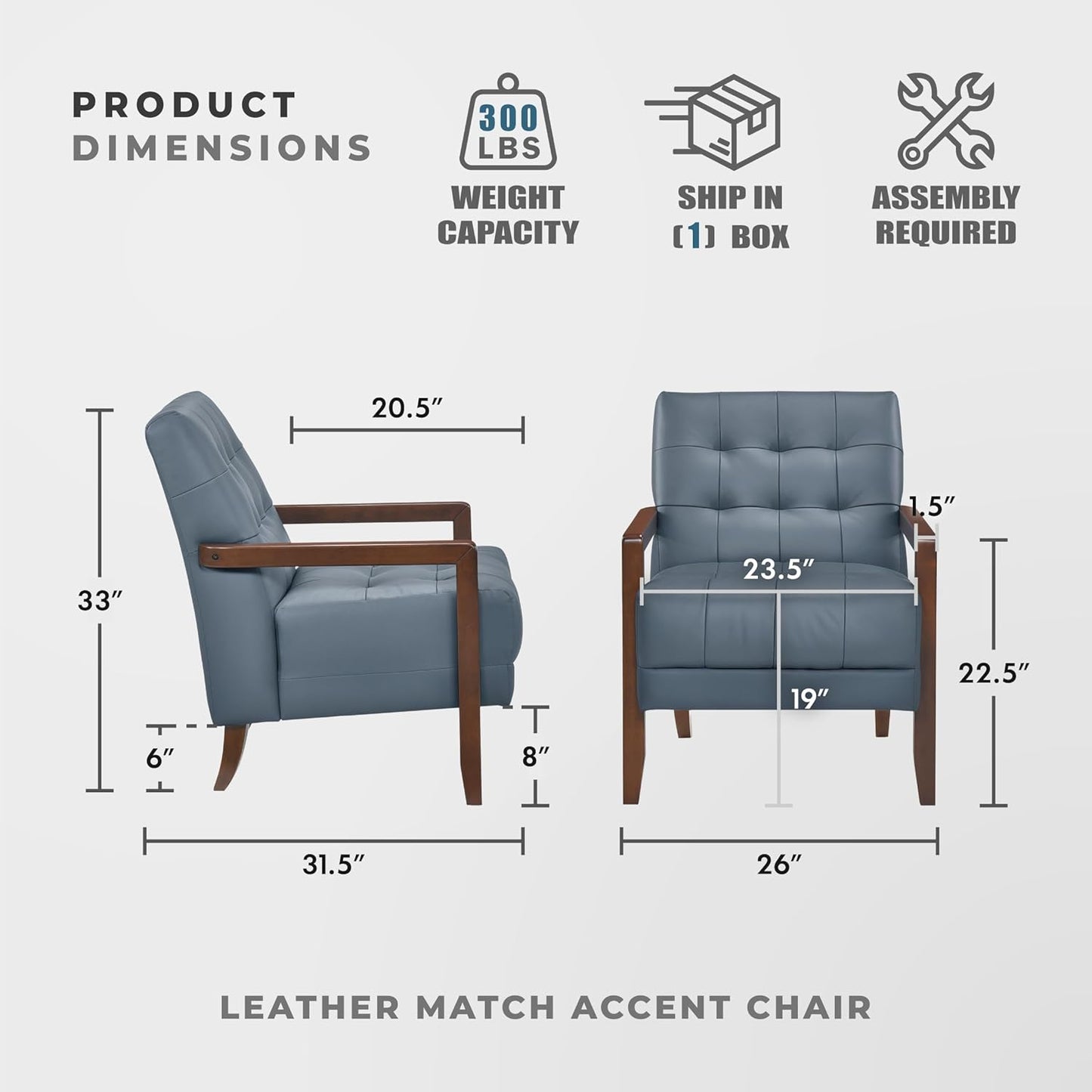 Lexicon Modern Accent Chair, Luxury Genuine Leather Match Living Room Chair with Tufted Cushions, Solid Wood Frame and Arm Rest, Comfy Upholstered Single Seat for Bedroom/Reading/Office, Blue