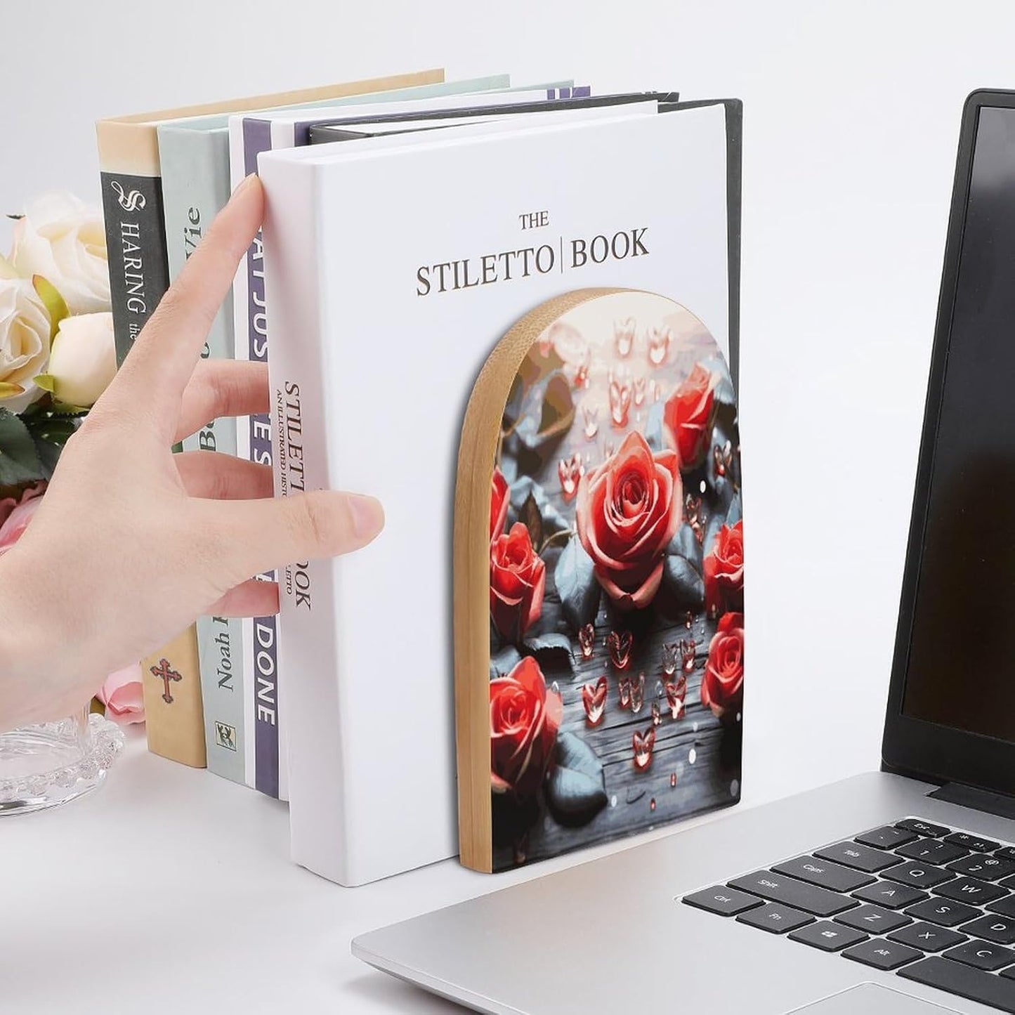 Romance Rose Flower with Heart Petal Wooden Bookend Non-Slip Book Ends Heavy Duty Book Stopper with Metal Base Books Holderd Decorative Bookends Stands Firmly for Office Supplies