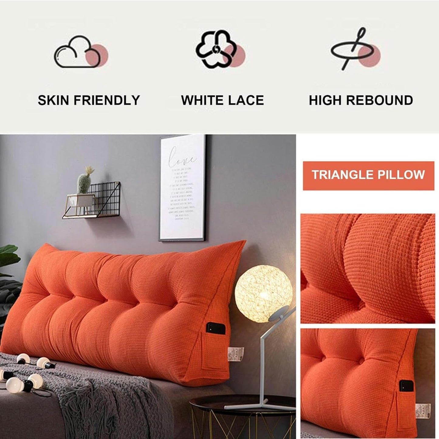 Triangular Wedge Pillow,Fleece Headboard Backrest Large Bolster for Bed Rest Reading Pillows Daybed Bed Positioning Support Pillow with Removable Cover