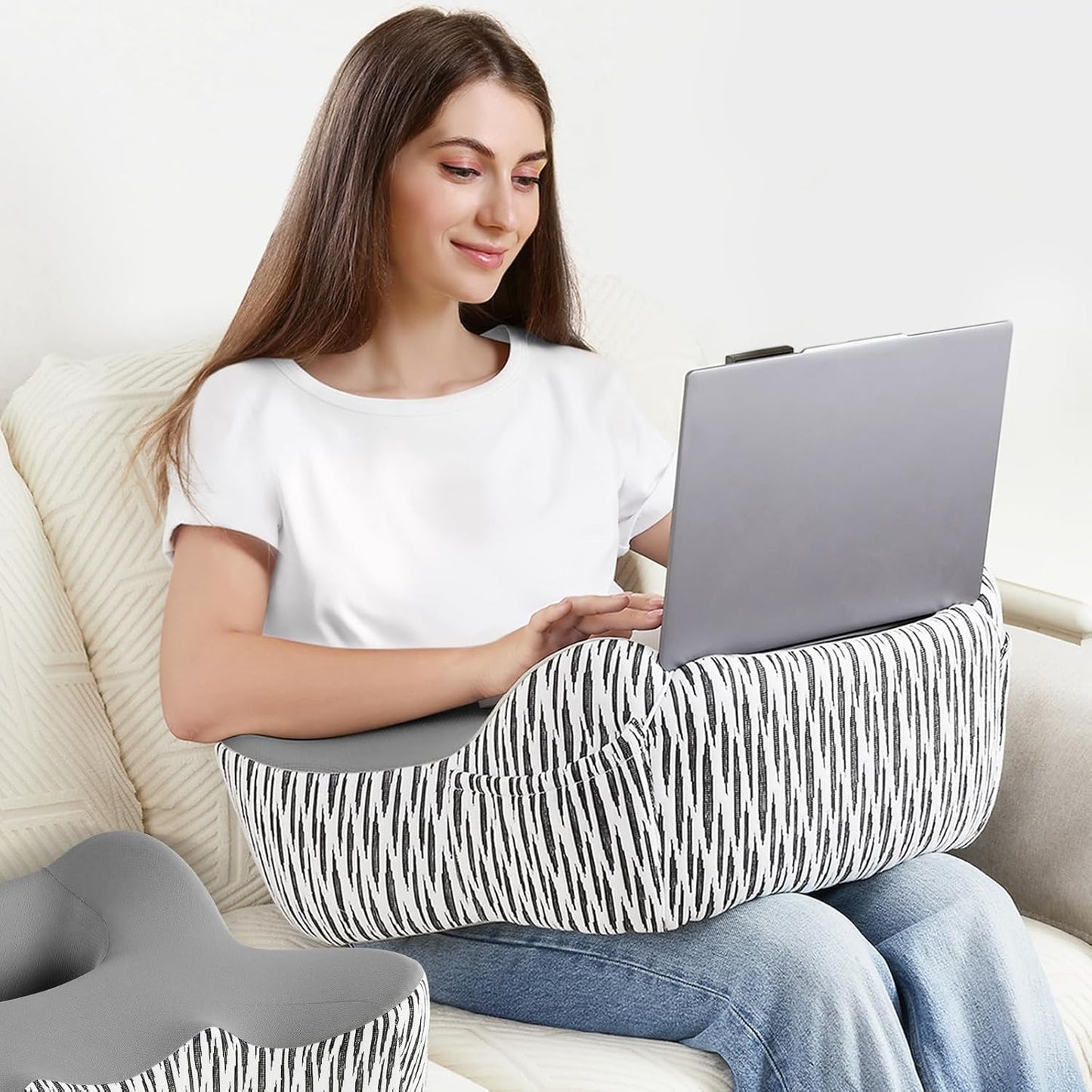 DONAMA Reading Pillow for Gaming, Lap Desk Pillow for Laptop, Arm Rest Pillow with Side Pockets, Memory Foam Bed Rest Pillow for Reading, Working, Gaming, Writing in Bed Couch Floor (Dark Grey)
