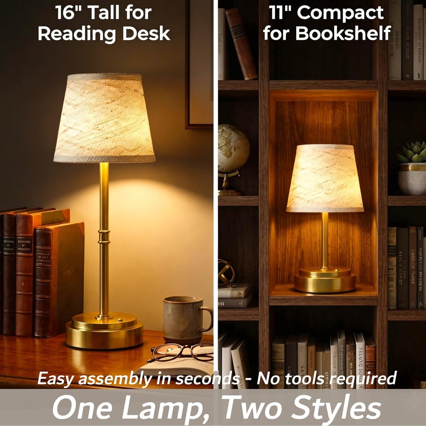 Cordless Table Lamp - 7500mAh Longest Lasting Battery Operated Lamp, 1 Pack Antique Brass Aesthetic Cozy Rechargeable Desk Lamp for Kitchen Counter, Dining Room & Restaurant Centerpiece