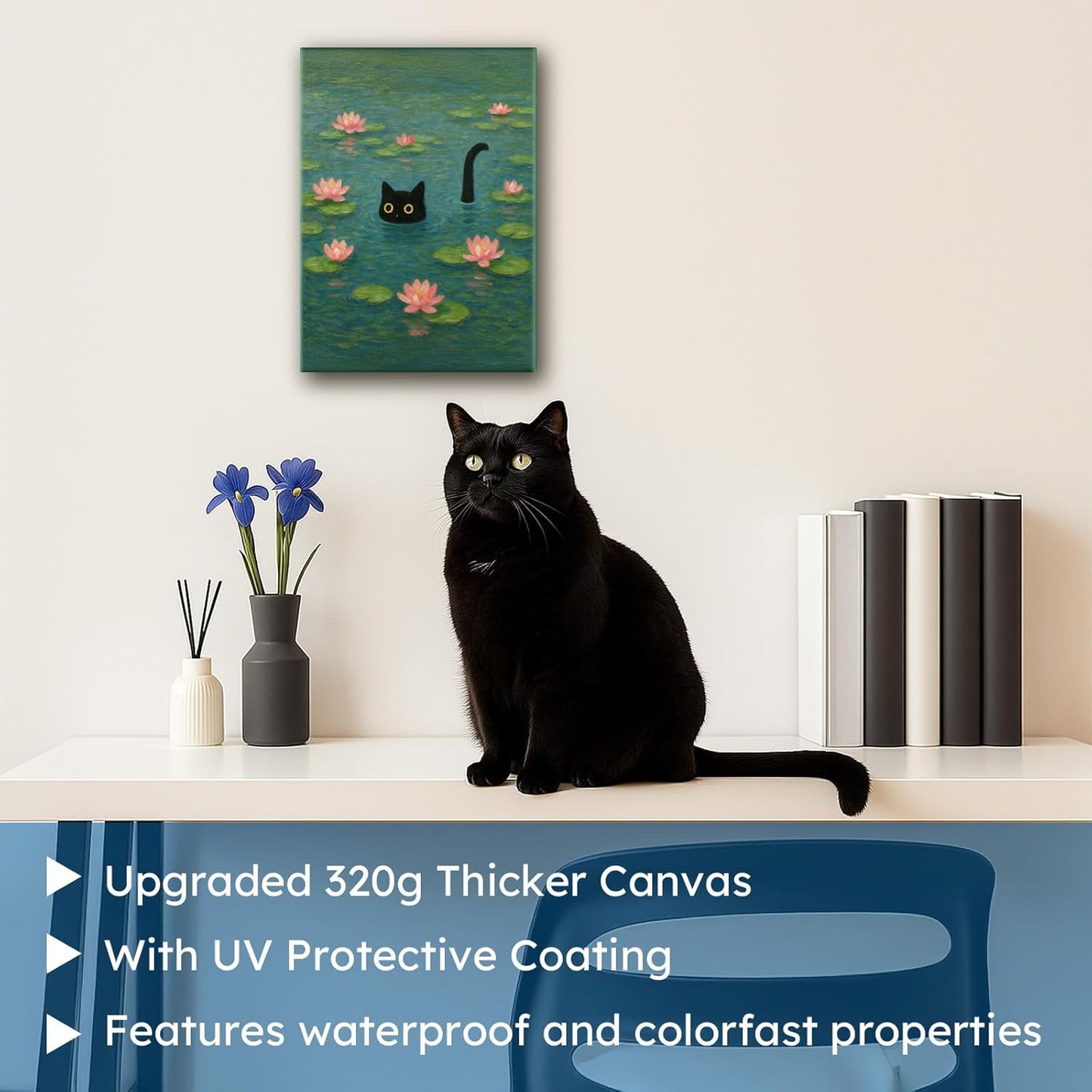 Madewell Living Monet Cat Art, Water Lilies Canvas Vintage Bathroom Decor 8x10 Inch, Cat Lover Gift, Ready-to-Hang Aesthetic Wall Art for Bedroom