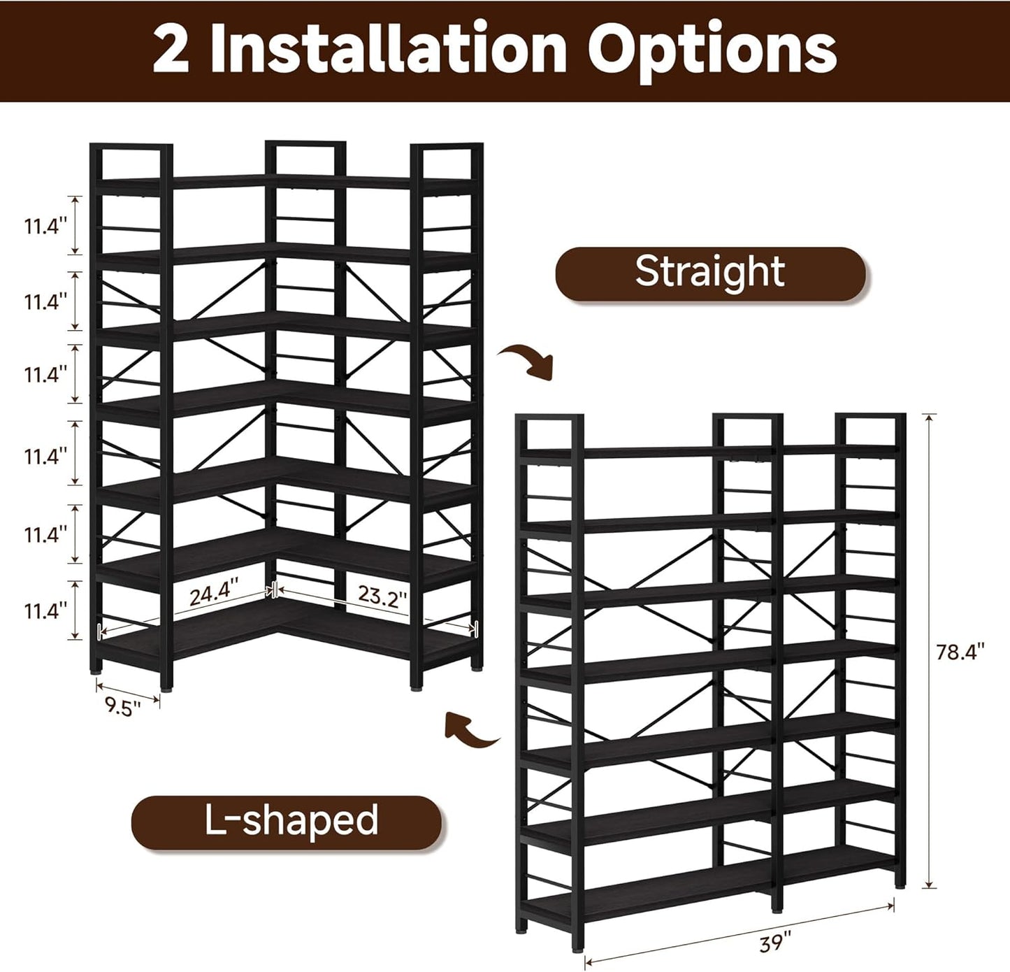 7-Tier Corner Bookshelf, Reversible Wooden Shelves, Industrial Bookcase with Open Shelves and Sturdy Metal Frame, Display Shelf Storage Rack for Living Room, Bedroom, Home Office (Black)