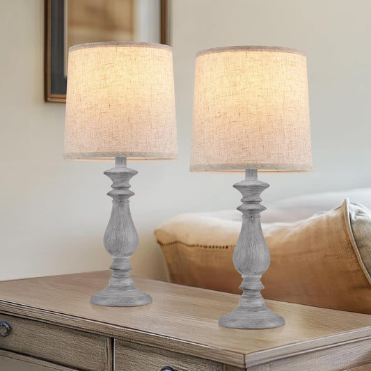 Lamps Set of 2 Vintage Rustic Farmhouse Table Lamps Bedside Reading Lamp Bedroom Nightstand Living Room Teapoy Lamp, Desk Light, 22 Inch High, with Fabric Shade (Grey, 22 Inch High)