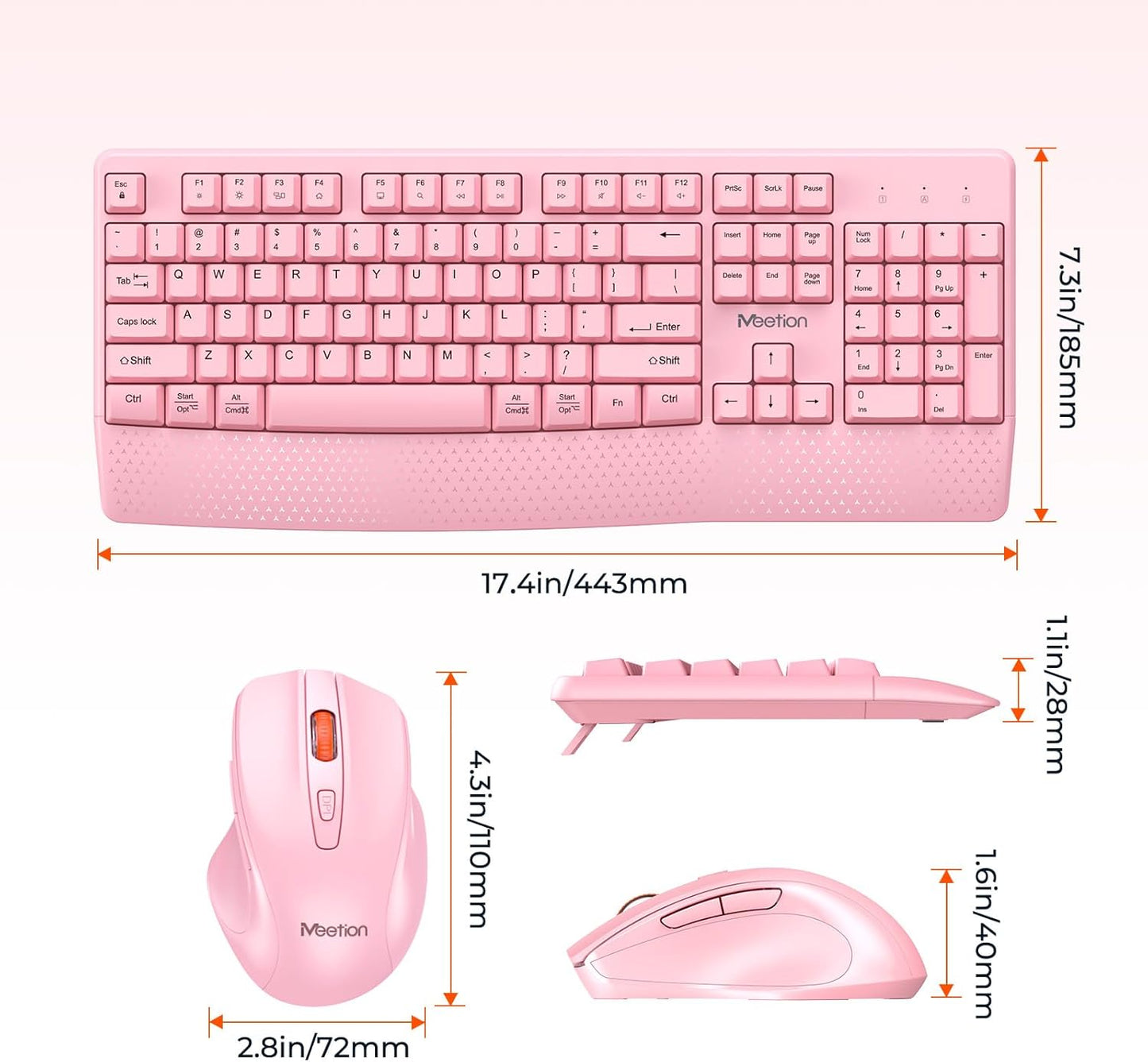 MEETION Wireless Keyboard and Mouse, Full-Sized Cordless Keyboard with Wrist Rest, 3 DPI Adjustable Mouse, Keyboard and Mouse Set with 2.4GHz USB Receiver, for PC/Computer/Laptop/Windows/Mac, Pink