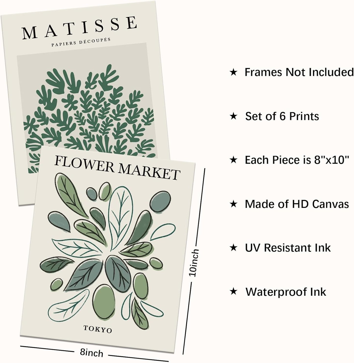 Canvas Trend Minimalist Boho Wall Art Set of 6, Flower Market Prints, Neutral Sage Green Botanical Wall Decor for Bedroom Living Room Bathroom, Modern Abstract Aesthetic Posters Unframed, 8x10inch
