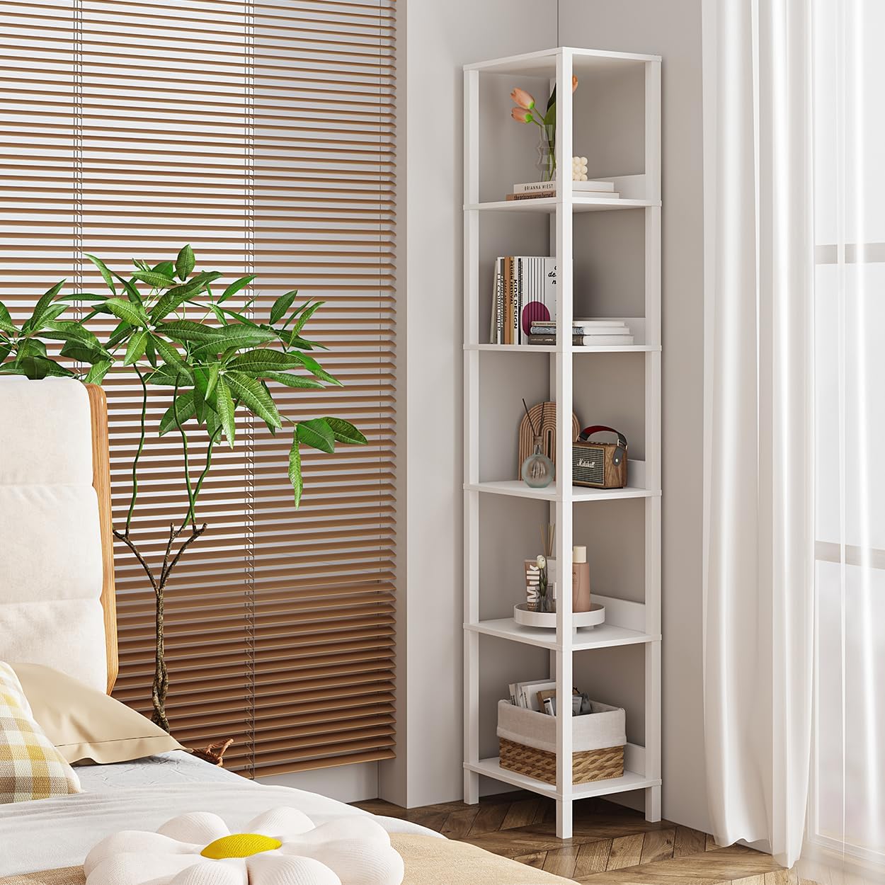 VIMBER 6 Tier Bookshelf with Anti-Fall Baffle, Tall 64.79" Bookcase with DIY Shelves, Industrial Book Shelf Storage Organizer, Display Free Standing Shelf Unit for Bedroom, Living Room, Office, White