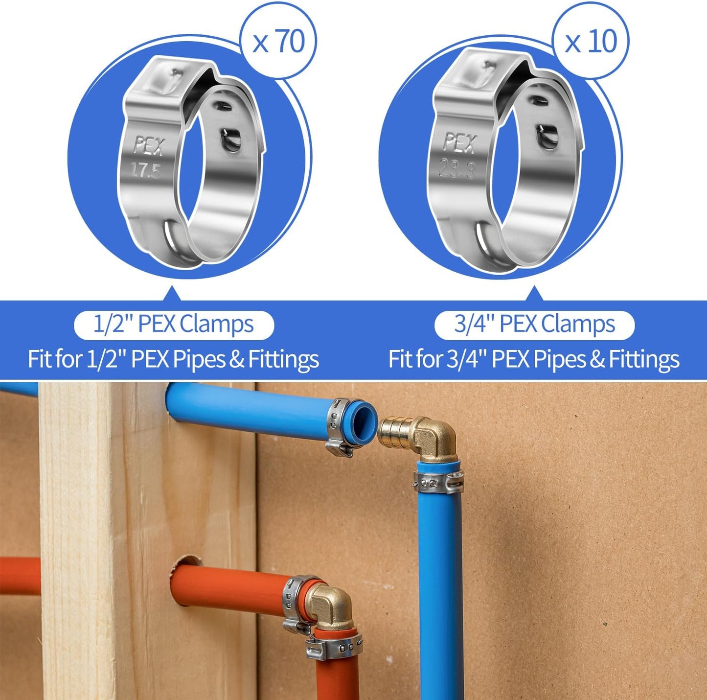 PEX Cinch Clamp Tool Kit, 3/8" to 1" PEX Pipe Clamp Cinch Tool with 30 pcs 1/2" PPSU PEX Fittings Combo, 1pcs Pipe Cutter, 70 pcs 1/2" PEX Cinch Clamps, 10pcs 3/4" PEX Cinch Clamps