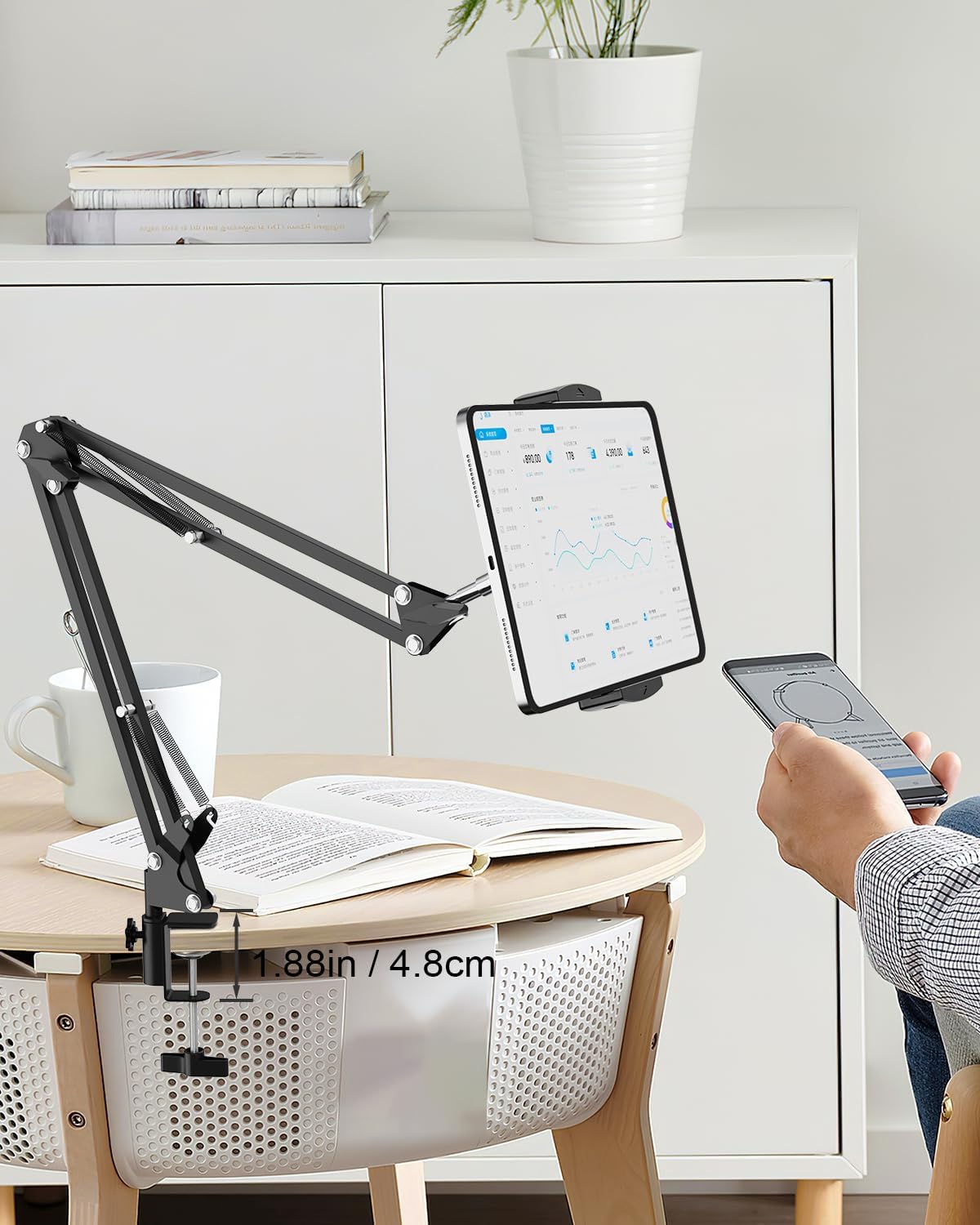 Tablet Floor Stand with 11lb Stable Base & Desk Clamp, Adjustable Height Stretchable Arm Swivel Dual Holder, Compatible with iPhone, iPad Pro Air Mini, Galaxy Tab, Kindle, Phones (4.5''-13'')