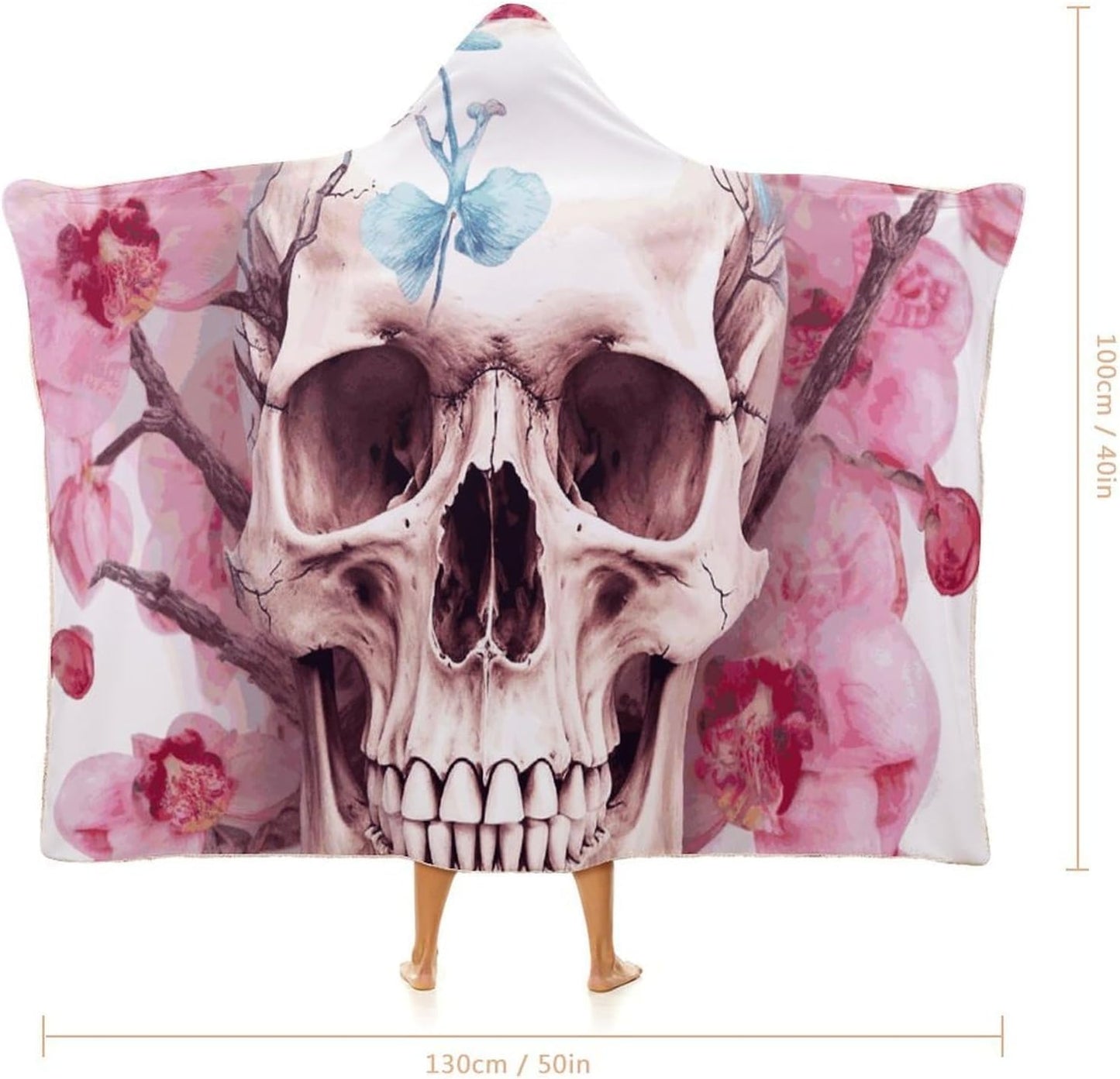 Human Skull Pink Flowers Wearable Blanket Hoodie for Women Men Oversized Soft Fleece Blanket Sweatshirt Cozy Poncho-