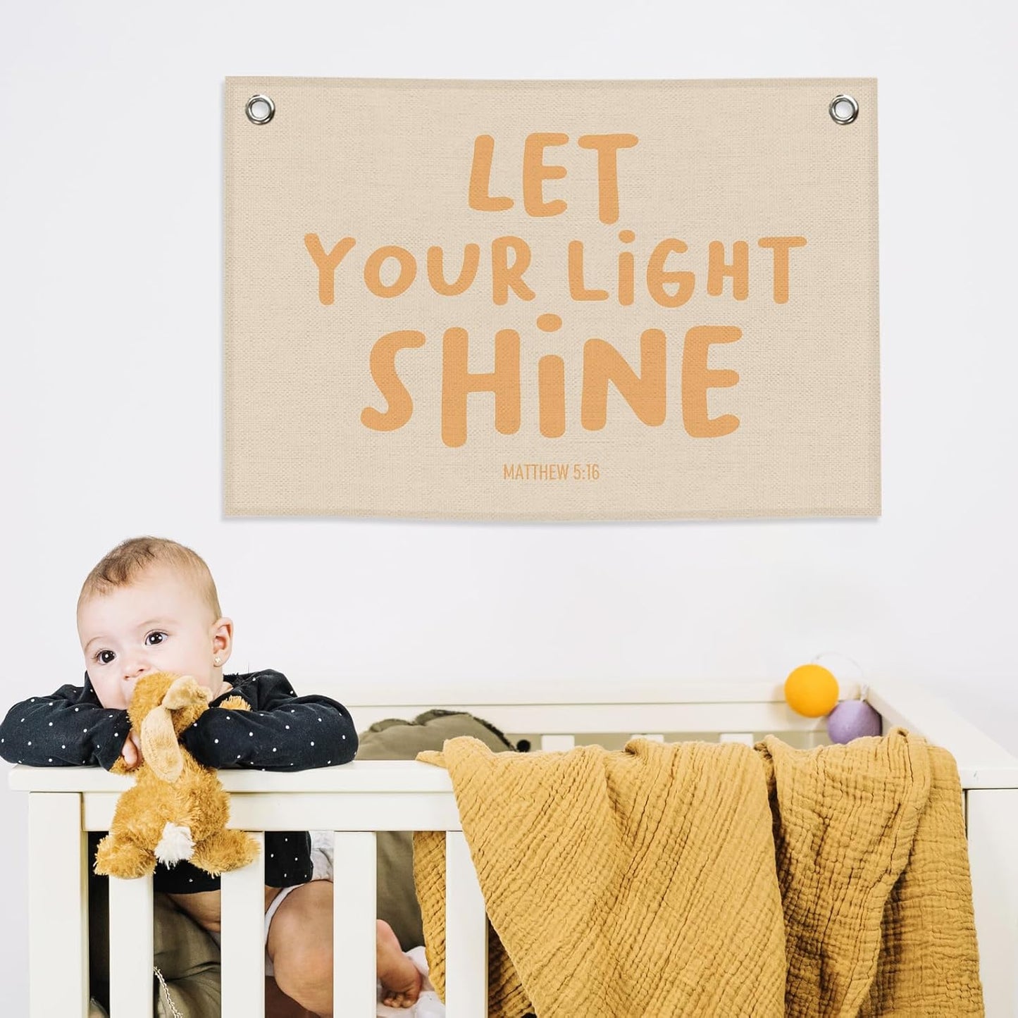 Christian Inspirational Kids Banner Canvas, Bible Verse Let Your Light Shine Toddler Room Decor, Positive Hanging Flag Sign, Nursery Wall Tapestry Art for Playroom Bedroom Classroom 20x30in