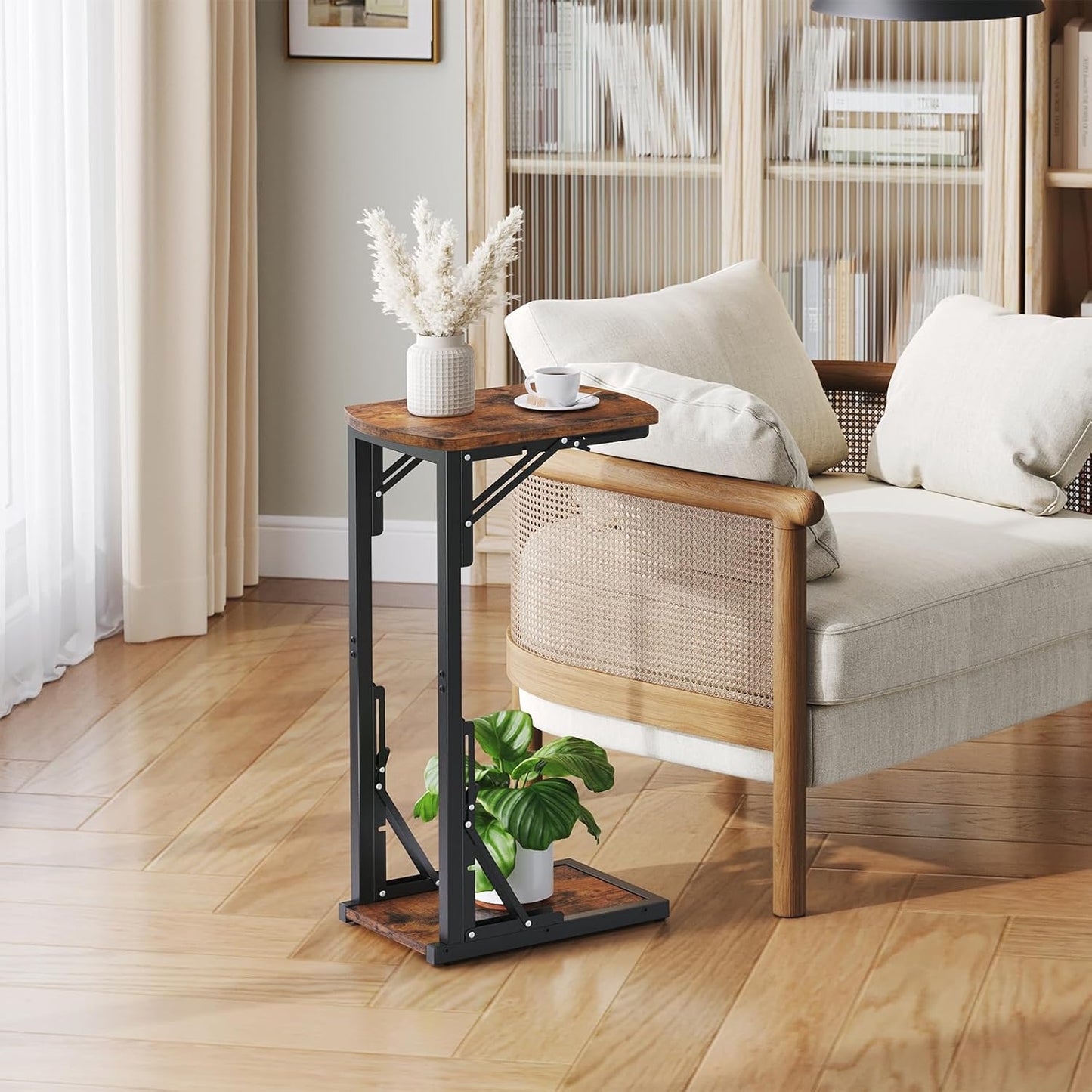 Set of 2 Folding Samll Side Table, C-Shaped End Table for Couch, Slide Under Couch Side Table for Sofa Bed, Folding End Table for Small Spaces, Living Room, Bedroom, Rustic Brown ETHR4101S2