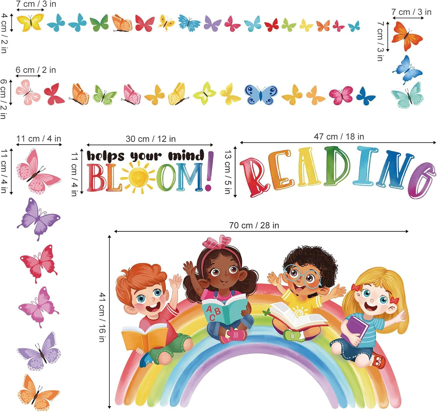 wondever Reading Corner Rainbow Wall Decals Butterflies Kids Inspirational Quotes Reading Helps Your Mind Bloom Peel and Stick Wall Art Stickers for School Classroom Kids Room