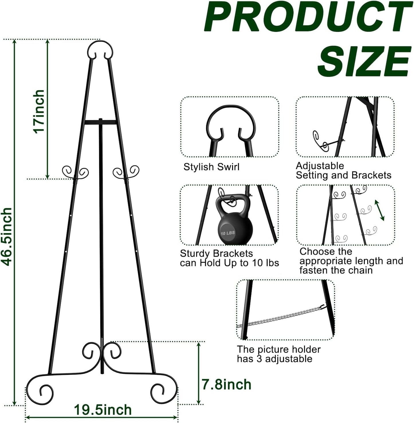 46" H Metal Round Tube Scroll Display Easel, Classic Black Decorative Large Adjustable Floor Standing Easel with Chain Support, Perfect for Showcasing Pictures, Artwork, Picture Frame Wedding Sign Etc