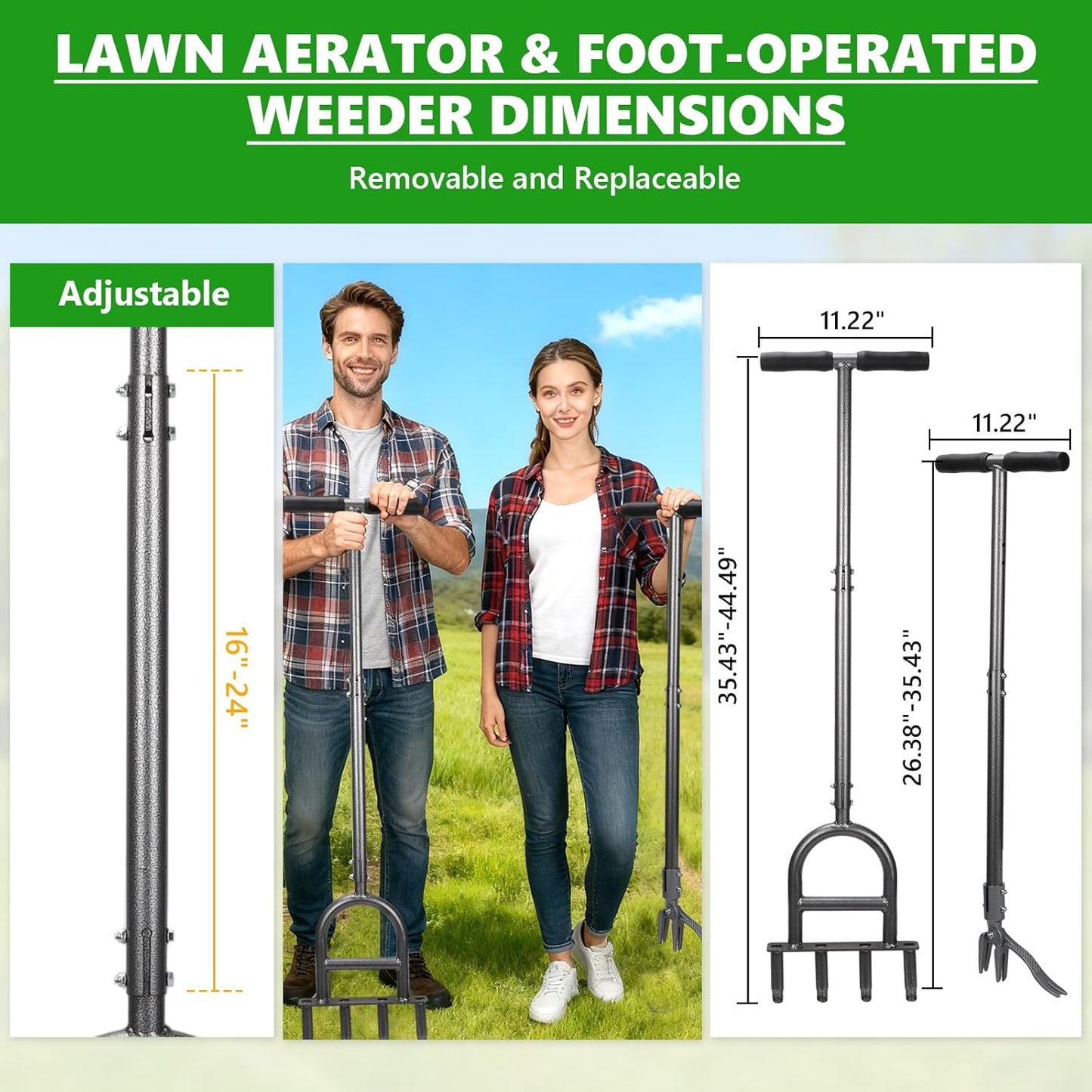 2-in-1 Lawn Aerator Tool - Adjustable Height with 4 Hollow Aeration Tines, High-Strength Anti-Rust Carbon Steel, Foot-Operated Weed Puller & Lawn Aerator for Garden Lawn Care & Compacted Soil Aeration