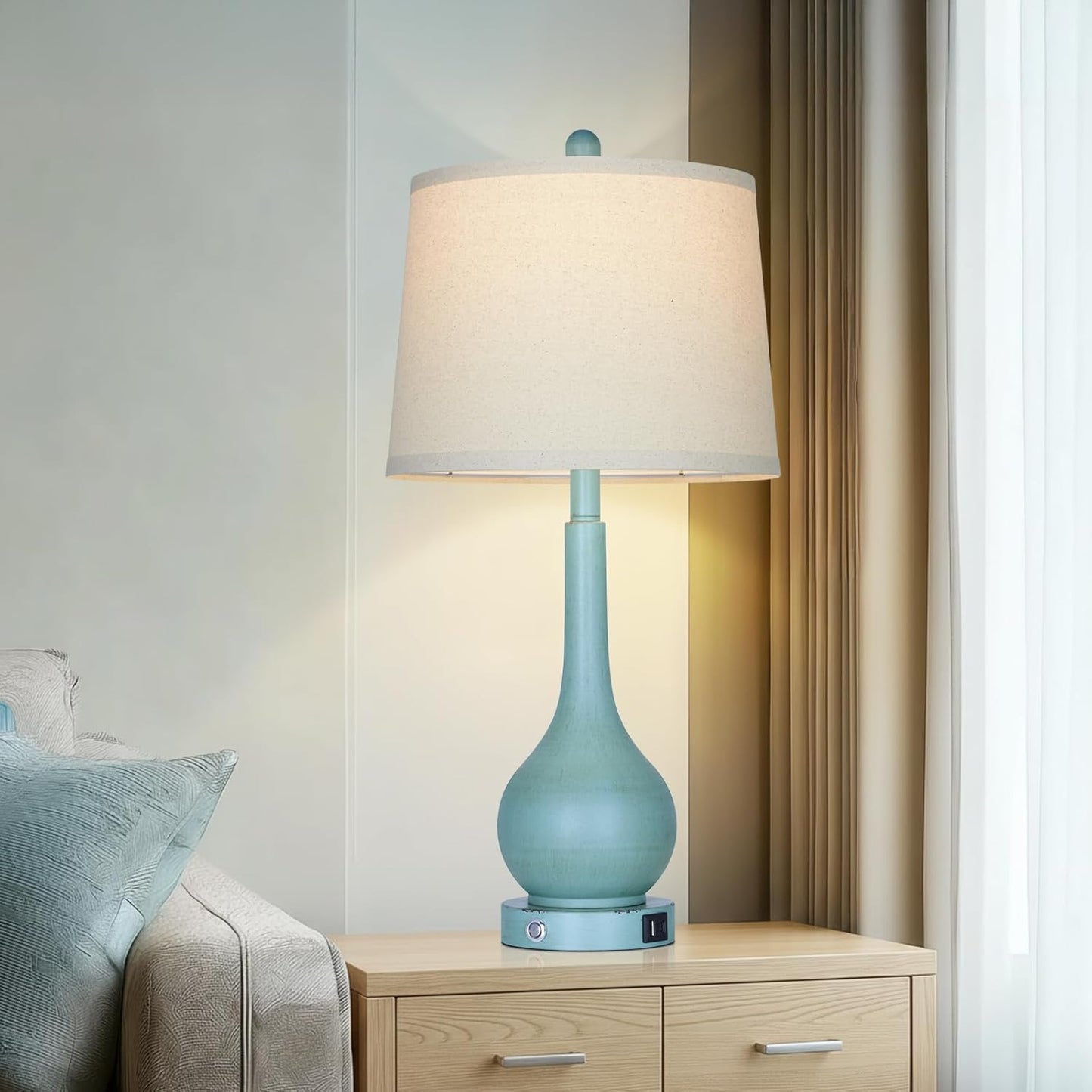26" Farmhouse Table Lamps for Living Room Set of 2, 3-Way Dimmable Touch Control Bedside Lamp with USB A+C Ports, Retro Blue Nightstand Lamps for Bedroom (2 LED Bulbs Included)